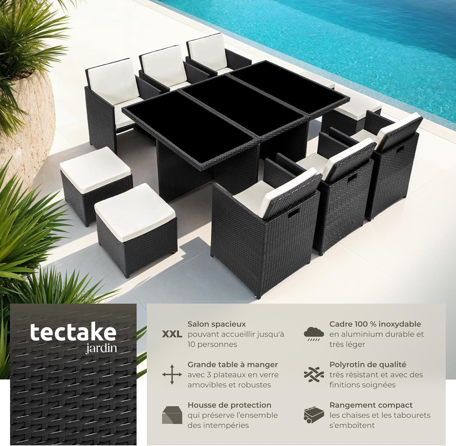 tectake - Salon de jardin Poly Rotin 10 personnes aluminium 2 housses, dimensions généreuses, noir