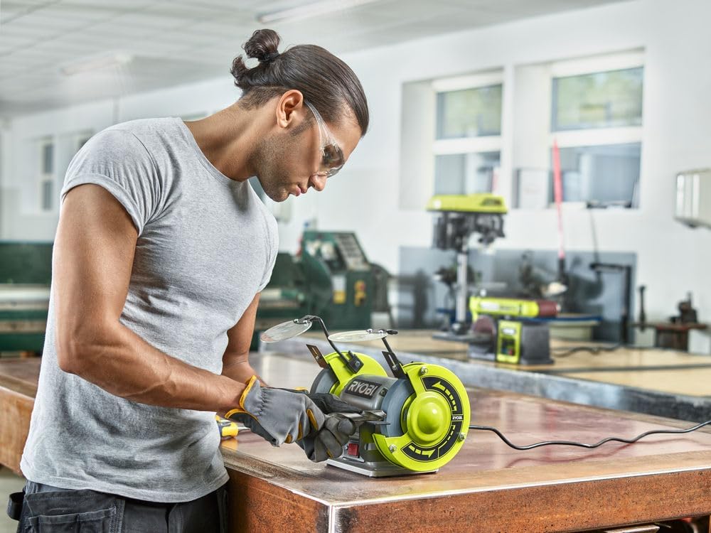 RYOBI - Touret à Meuler Filaire 250W RBG6G1 – 2 Meules Ø150mm, Écran de Protection, Support Réglable, Idéal Aiguisage et Dégrossissage