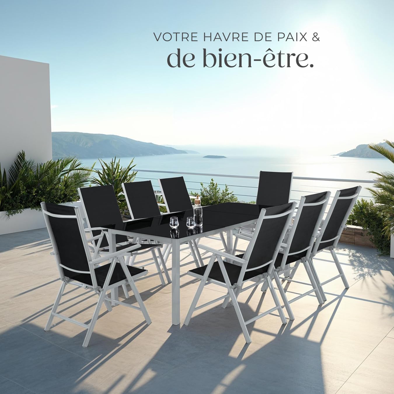 tectake - Salon de Jardin 8 Fauteuils Pliables Aluminium, Table, Facile entretien