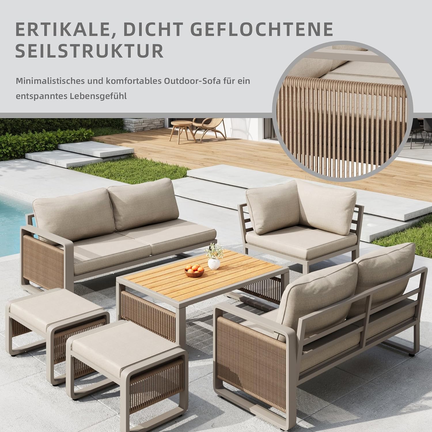 Sapgaks - salon de jardin corde tressée 6/7 pers - coussins moelleux - angle + 2 tabourets + table, pieds réglables - be