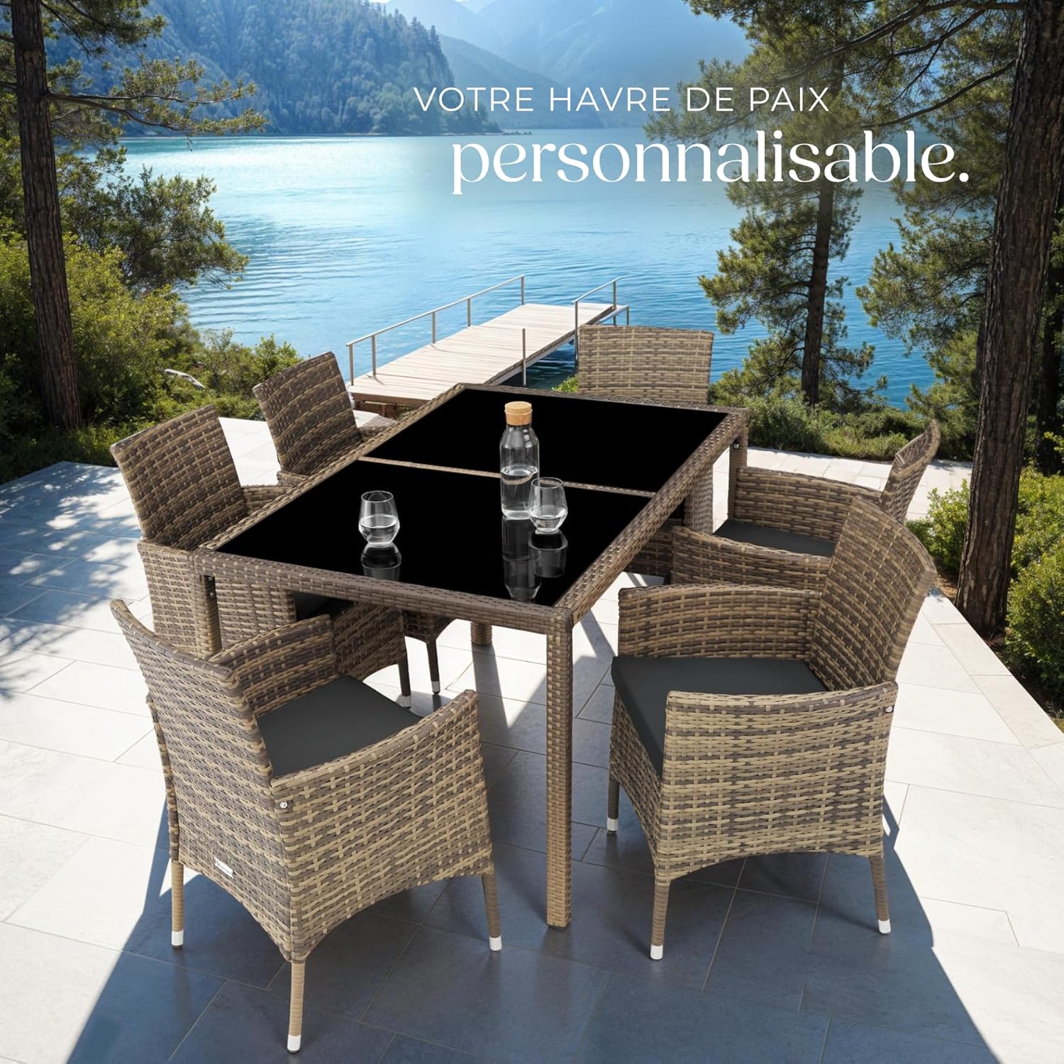 tectake - Salon de jardin poly rotin, 6 chaises confortables, résistant UV, table - 4260624128841