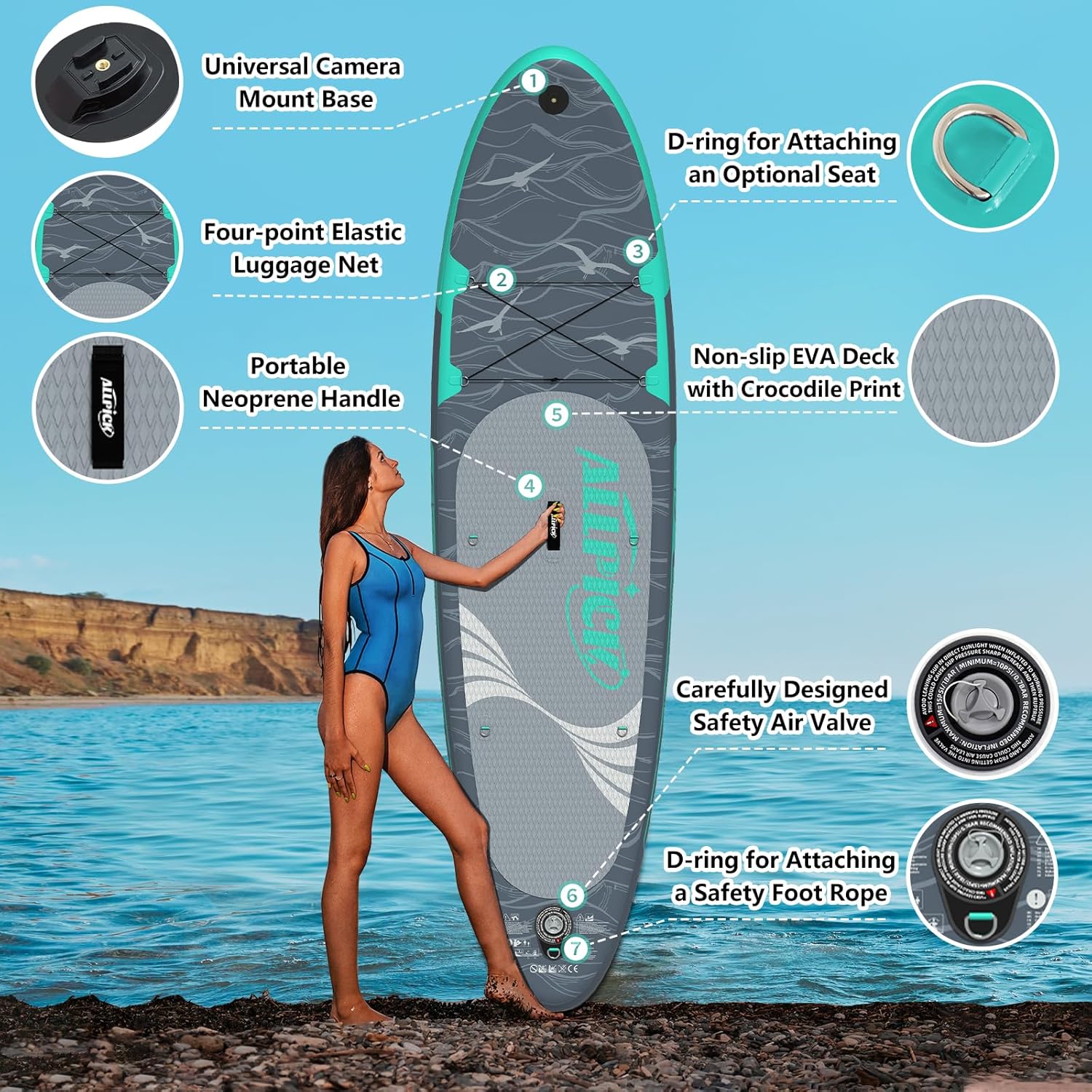 ALLPICK - Paddle gonflable 320cm - support caméra, 200kg, débutant SUP320