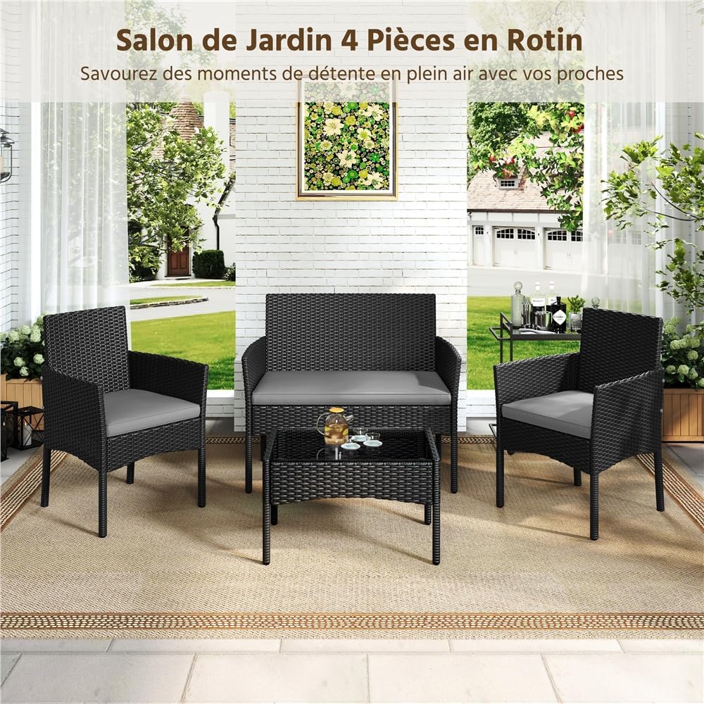 Yaheetech - Salon de Jardin 4 Places Polyrotin métal coussins, 195x125 cm, noir/gris clair