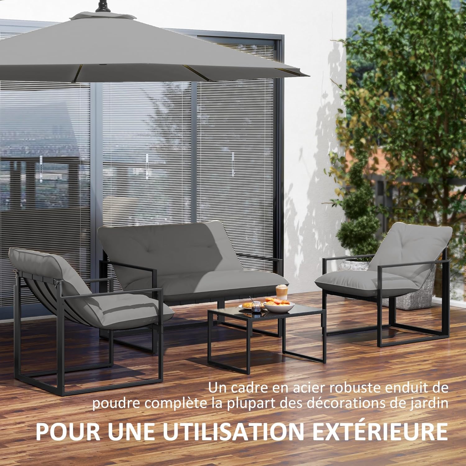 Outsunny - Salon bas 4 pièces - coussins 15cm, structure acier noir, canapé 2 places, table basse, fauteuils