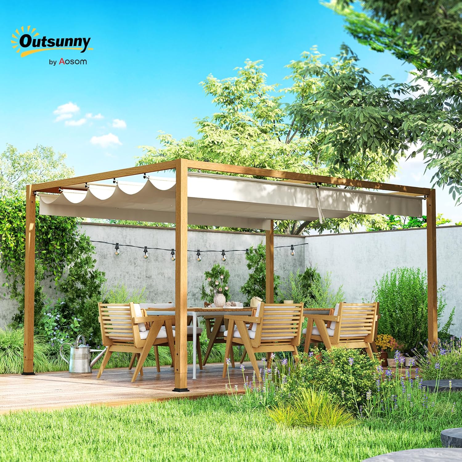Outsunny - Pergola aluminium série bois naturel - 4x3m - toit rétractable, drainage intégré