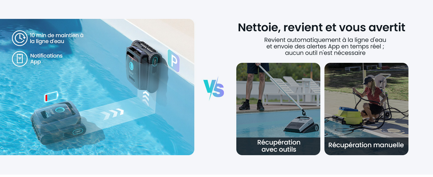 Le texte se lit comme suit : « Nettelo revient et vous couvrit ». Collection d'images liées à la natation montrant des personnes dans des piscines et pratiquant des activités nautiques sur fond bleu.