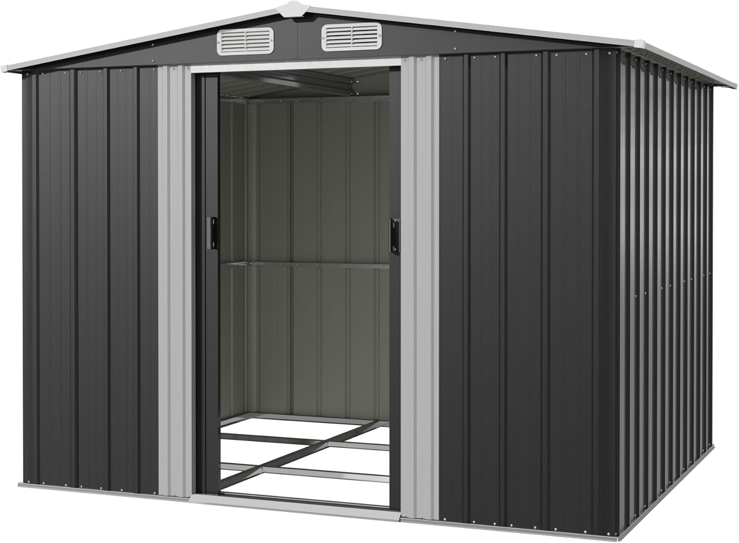 Devoko Abri de Jardin Métallique 8x6ft, Grand Rangement Extérieur pour Outils, Vélos et Poubelles, Toit Penté et Ventilation Inclus, Résistant aux Intempéries, pour Jardin, Terrasse et Pelouse, Noir
