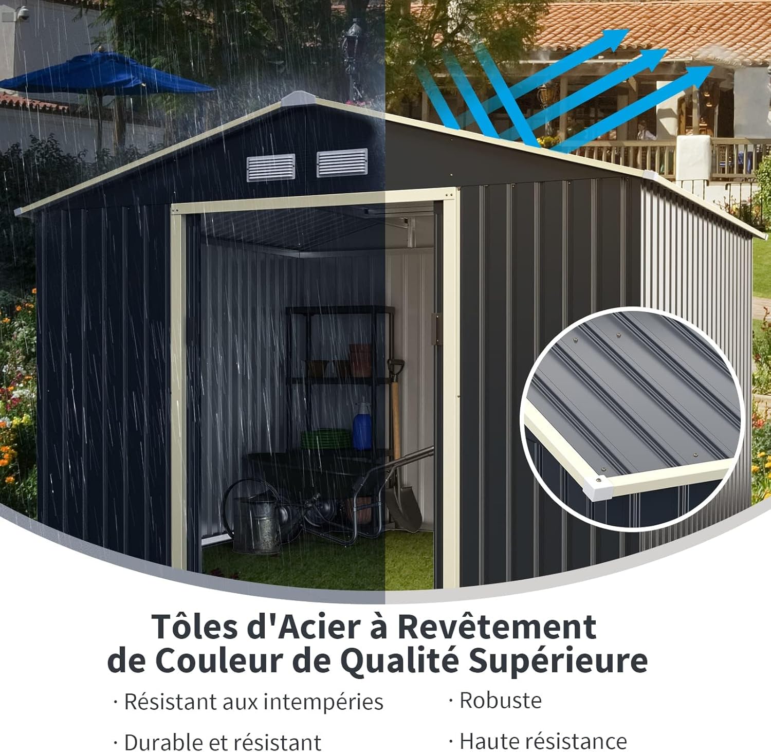RELAX4LIFE Abri de Jardin Métal 7m2 avec Abri d'Extension Porte Coulissante, Cabane de Jardin Extérieur 267x256x202cm Outils de Jardin résistant aux intempéries, KX7177KV+FR