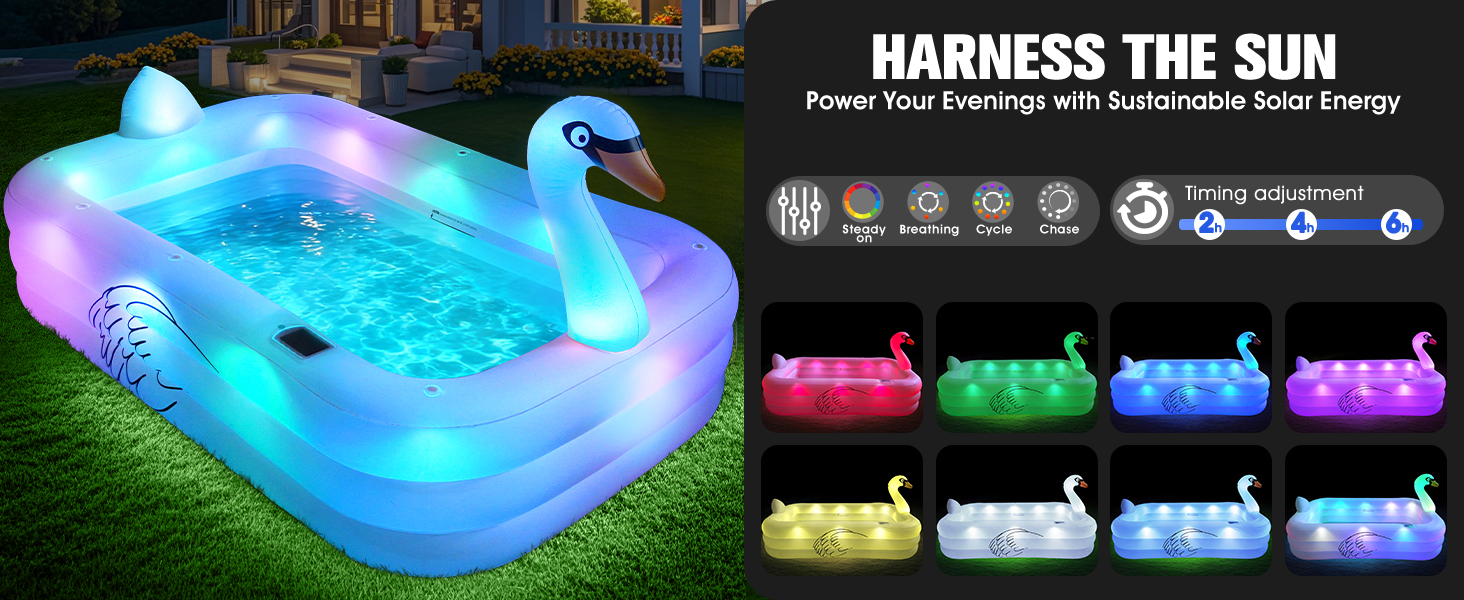 Le texte indique « HARNAIS LE SOLEIL » et les caractéristiques du produit comprennent un canard flottant pour piscine gonflable à LED coloré qui brille en bleu, rose, vert et jaune sous l'eau.