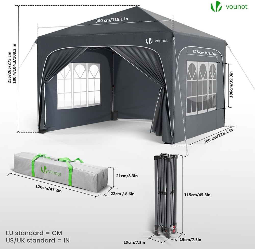 VOUNOT - tonnelle pliante série jardin 3x3m, anti-UV, imperméable, hauteur réglable, sac transport