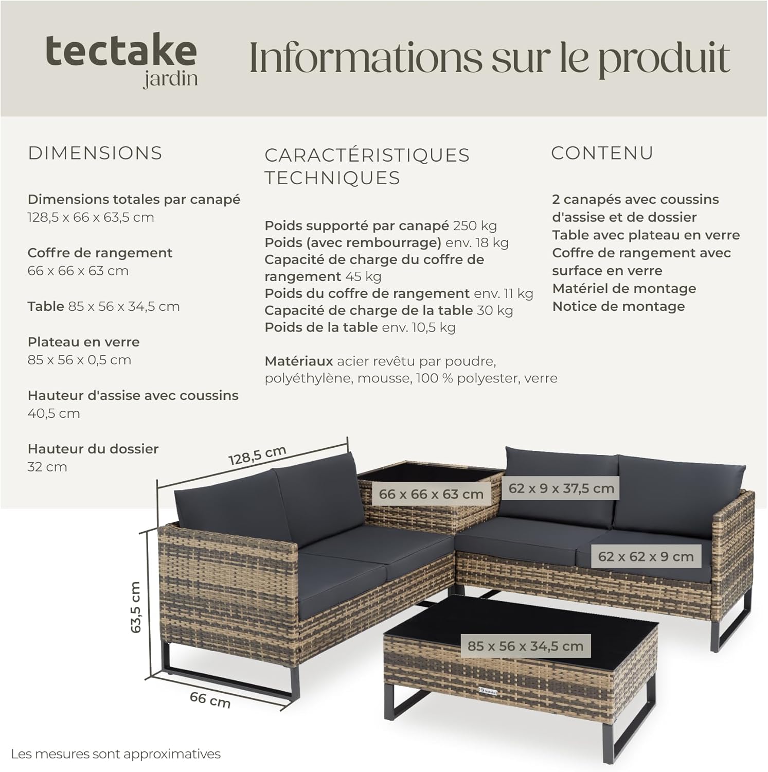 tectake - Ensemble modulable 4 places rotin, table basse, coffre, coussins