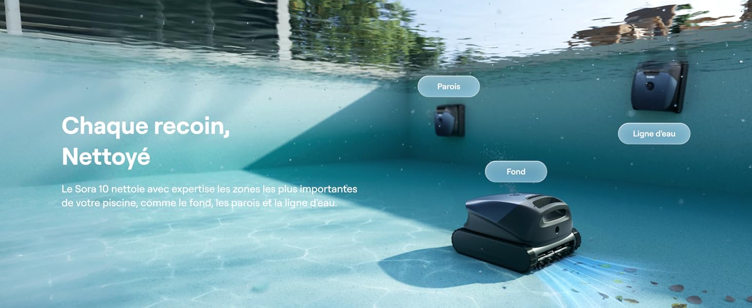 Un robot nettoyeur de piscine en action, se déplaçant dans l'eau bleue de la piscine pour nettoyer la surface sous-marine. Le texte indique « Choisissez intelligemment, NaturA ».