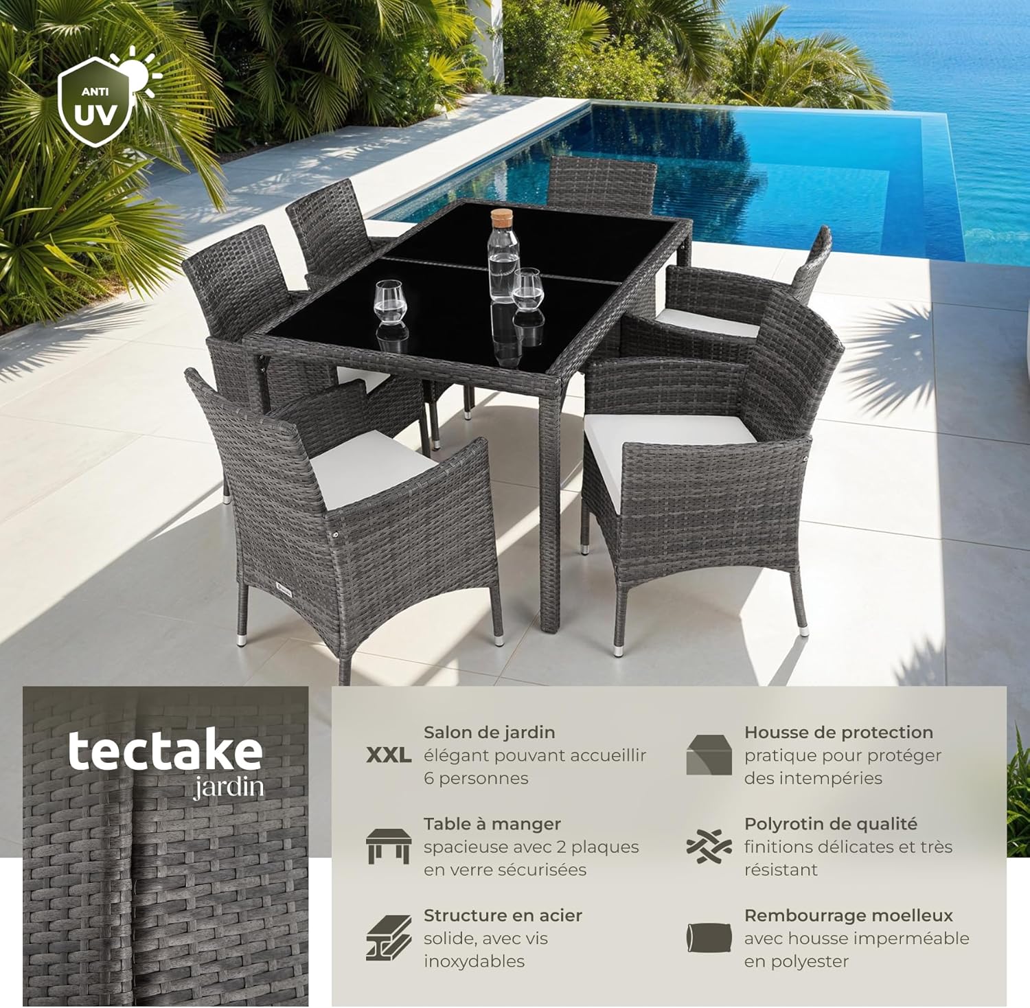 tectake - Salon de jardin poly rotin, 6 chaises, table, résistant UV, gris/blanc