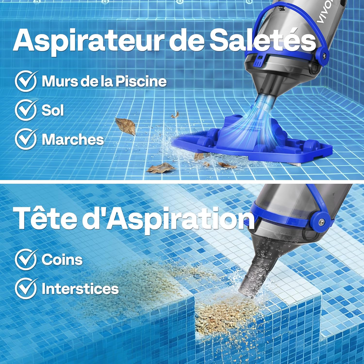 VIVOHOME 70LPM Aspirateur de Piscine sans Fil avec Batterie, Nettoyeur de Piscine Portable avec 4 Sacs Filtrants, Perche Télescopique, Aspiration 278cm pour Piscine Hors-Sol et Enterrée, Spa