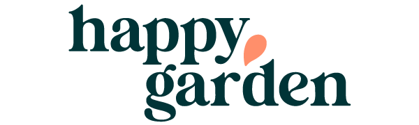 Logo happy garden couleur vert dense sur fond blanc avec une goutte orange