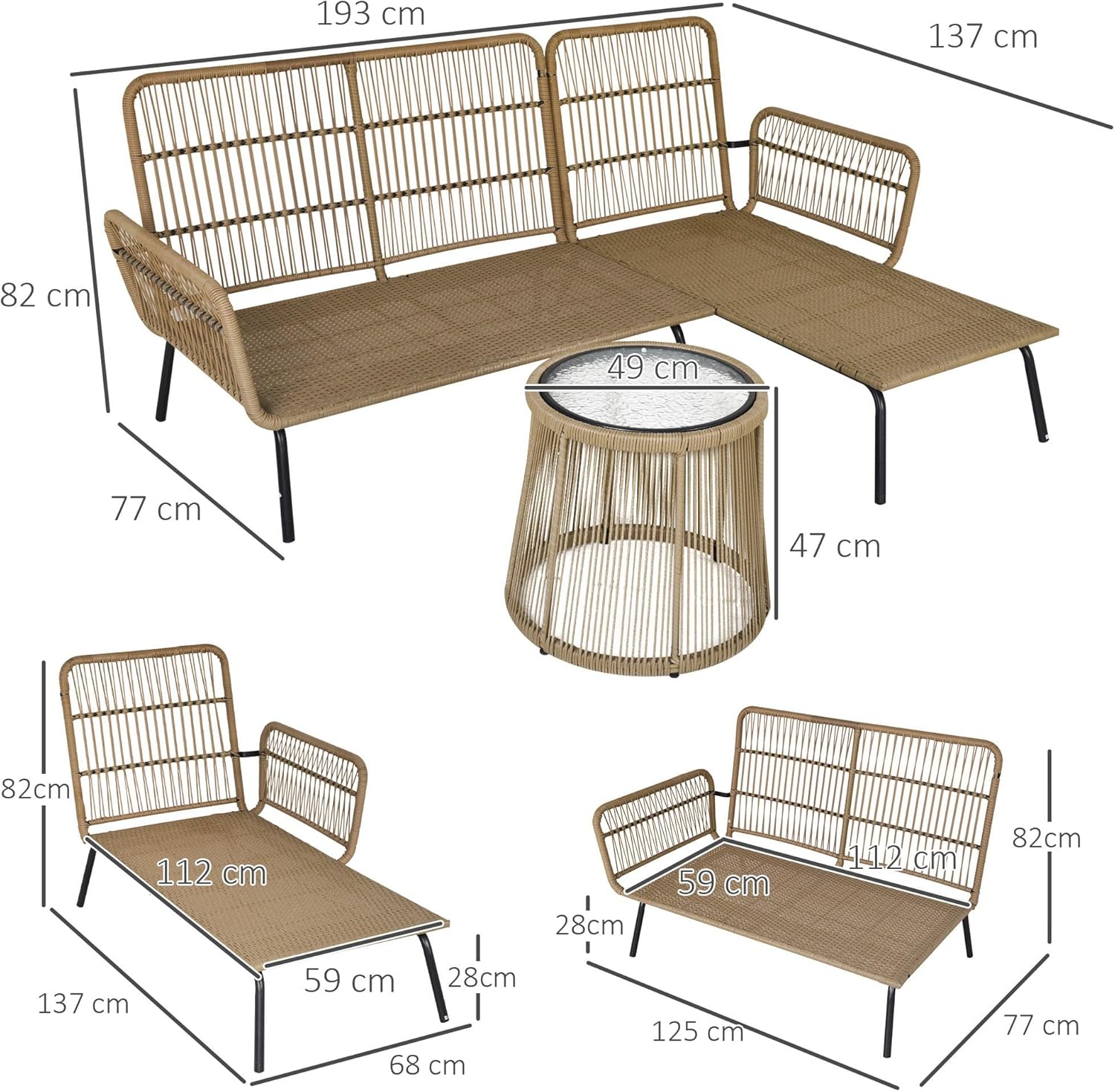 Outsunny - salon de jardin d'angle 4 places résine tressée - table basse, coussins confort, crème
