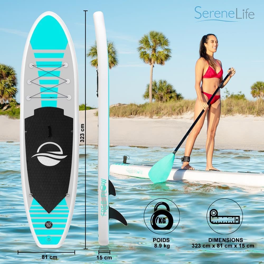 SereneLife Stand Up Paddle Gonflable Adulte 6” – Planche de Paddle avec Accessoires Sup, Sac de Transport, Pont Antidérapant, pour Mer, Lac, Rivière