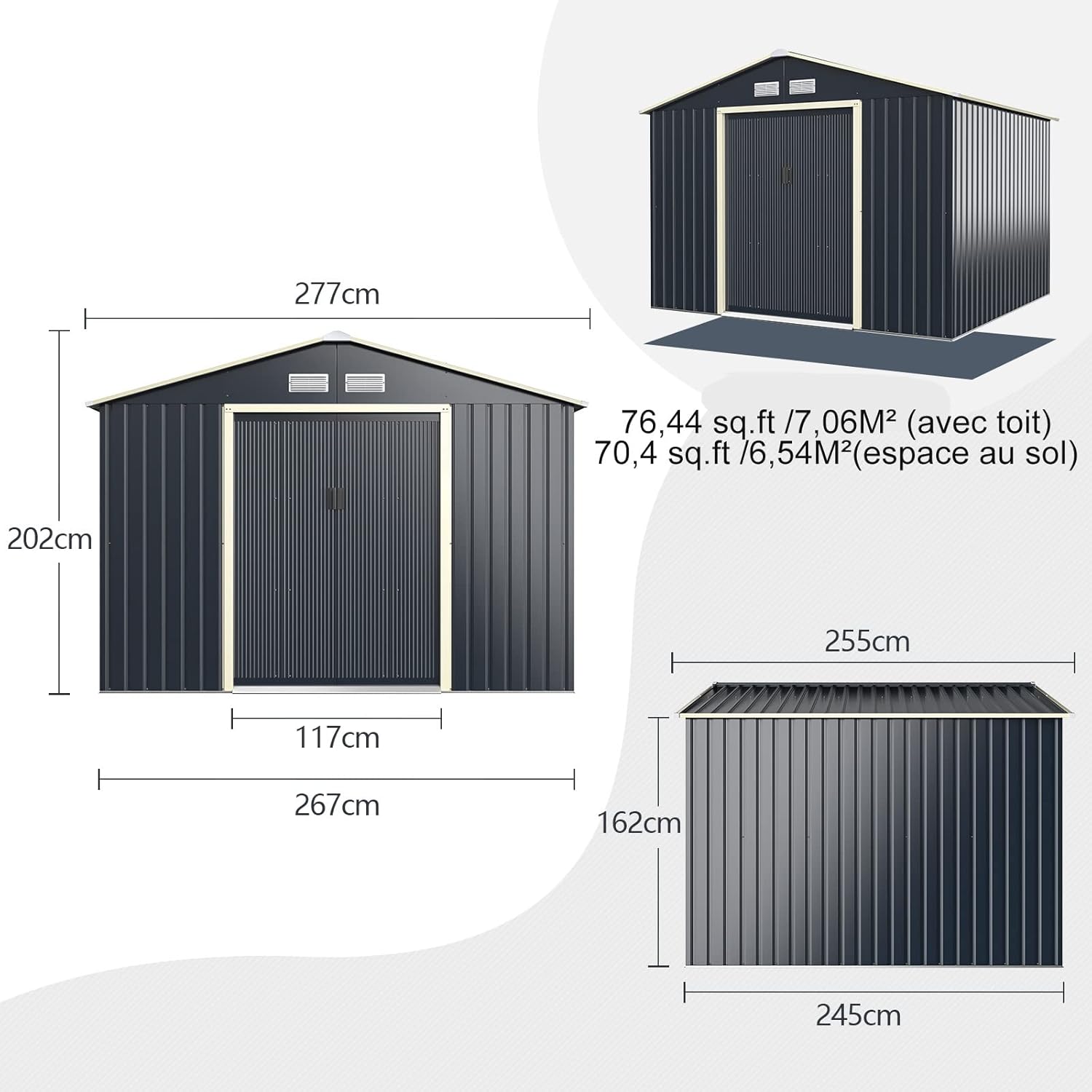 GOPLUS - abri de jardin métal 277x255x202cm, portes coulissantes, résistant intempéries