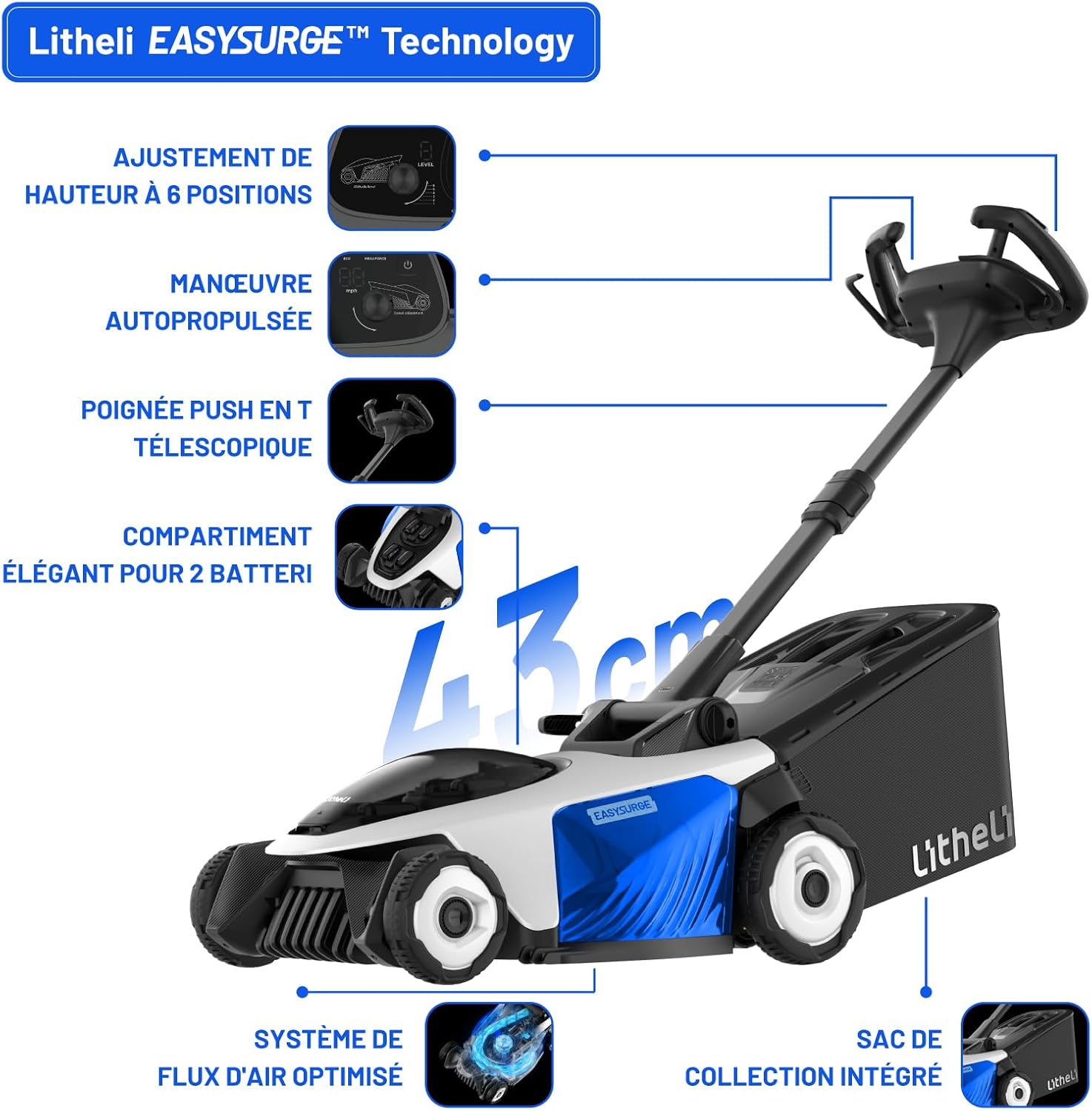 Litheli - Easysurge série - 43 cm - Autotractée, 2x20V batteries, 50L bac, réglable, pour pelouses jusqu’à 500m²