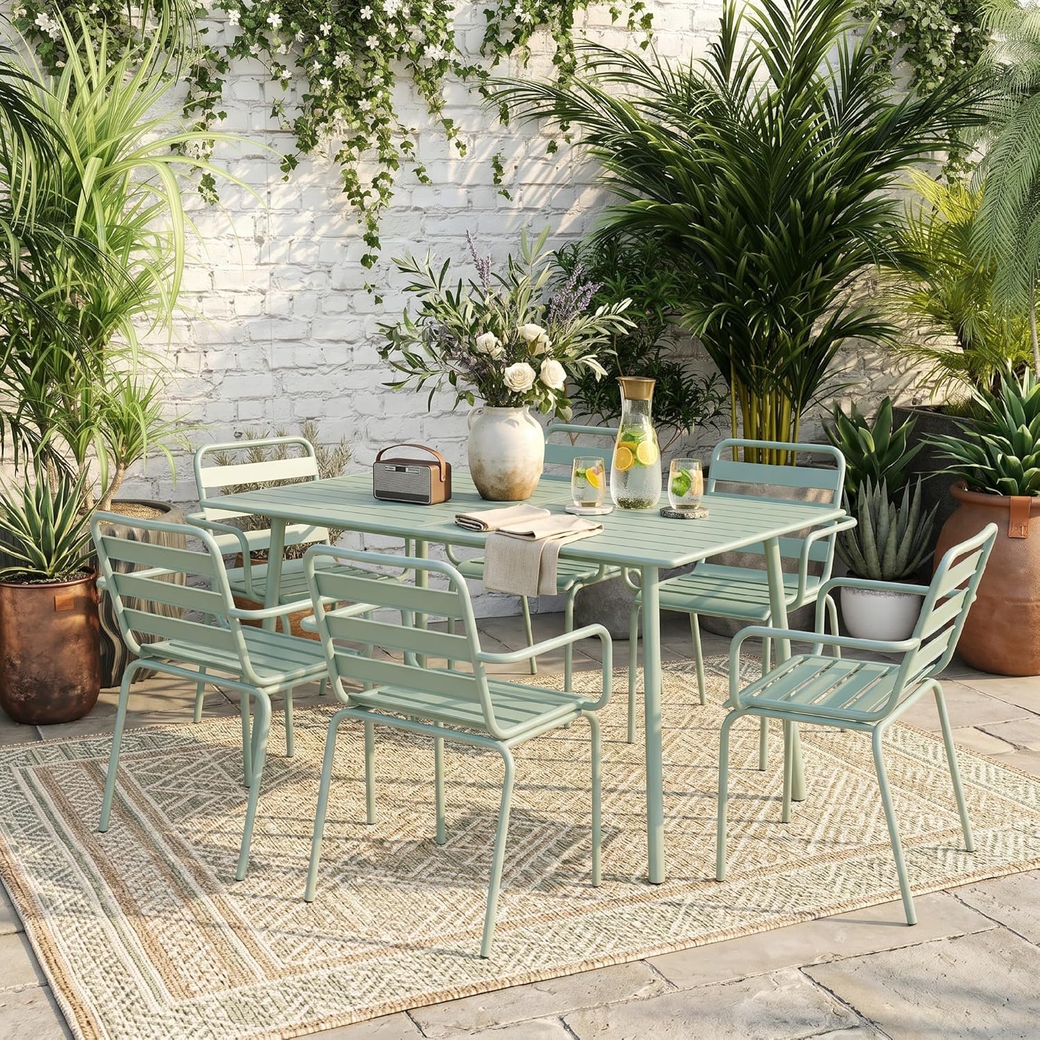 Outsunny - Salon de jardin 7 pièces - Table + 6 chaises acier vert clair - Empilables, extérieur
