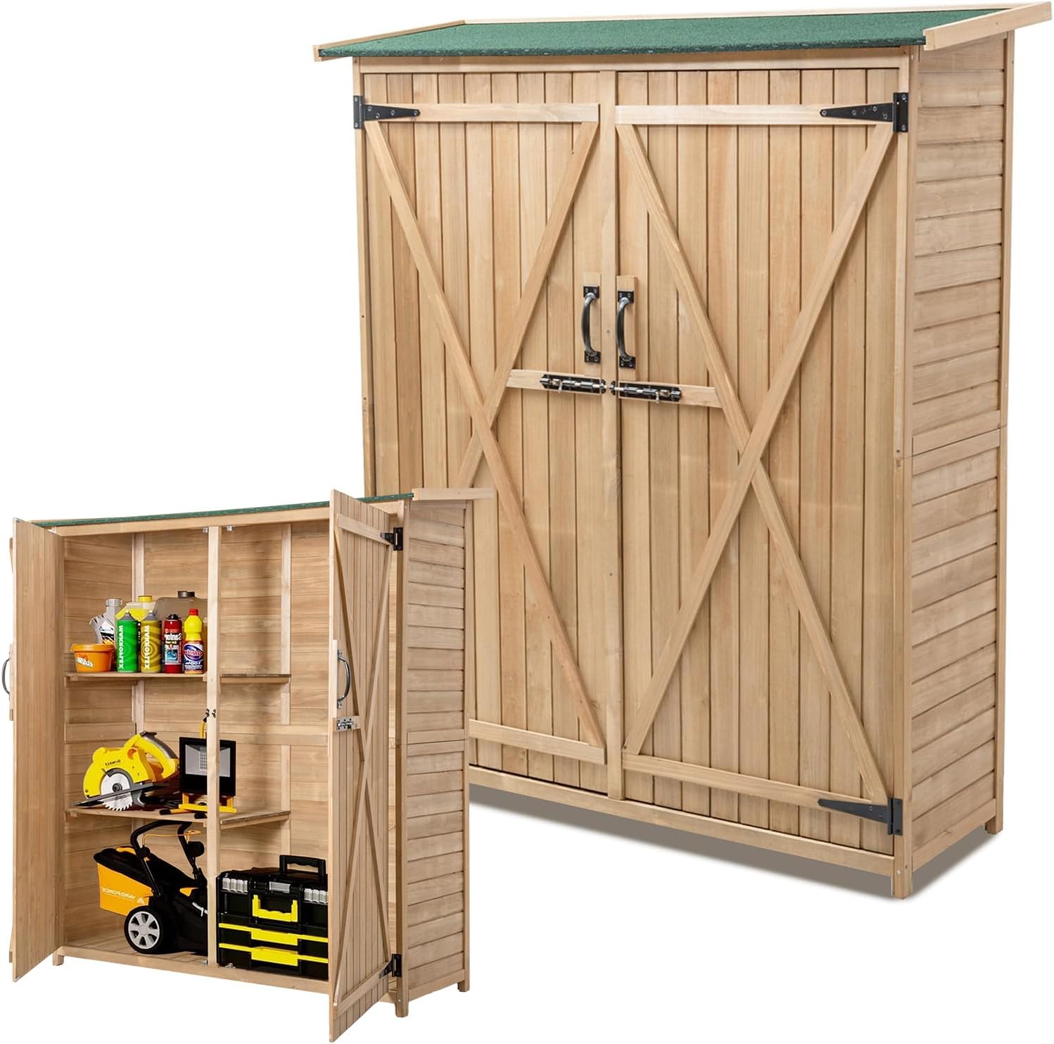 RELAX4LIFE Abri de Jardin en Bois 140x50x162 cm, Abri à Outils avec Toit en Asphalte Incliné, Portes et Étagères Double Fermeture, Meuble de Rangement pour Extérieur Arrière-Cour Patio Pelouse