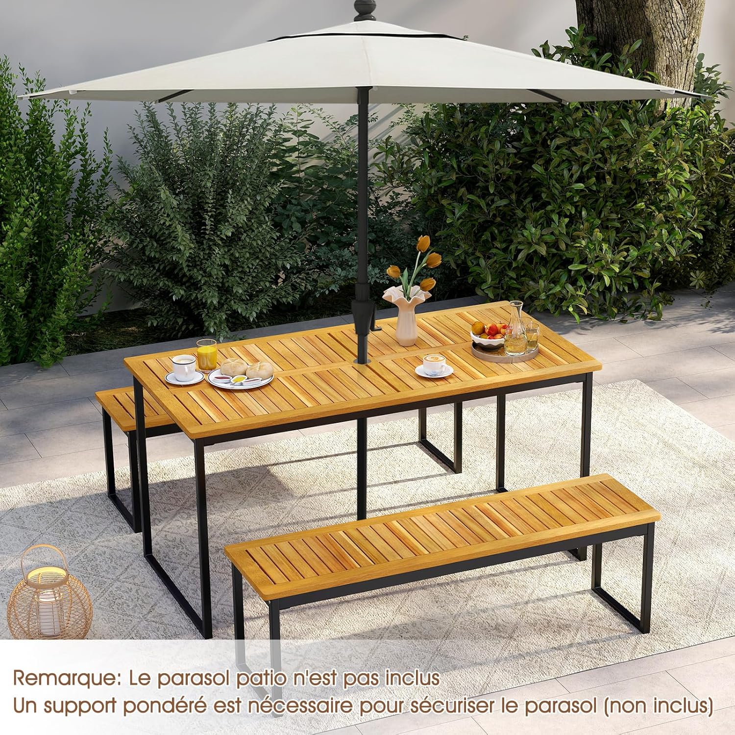 COSTWAY - Table de jardin 140cm, bois d’acacia, métal, trou parasol