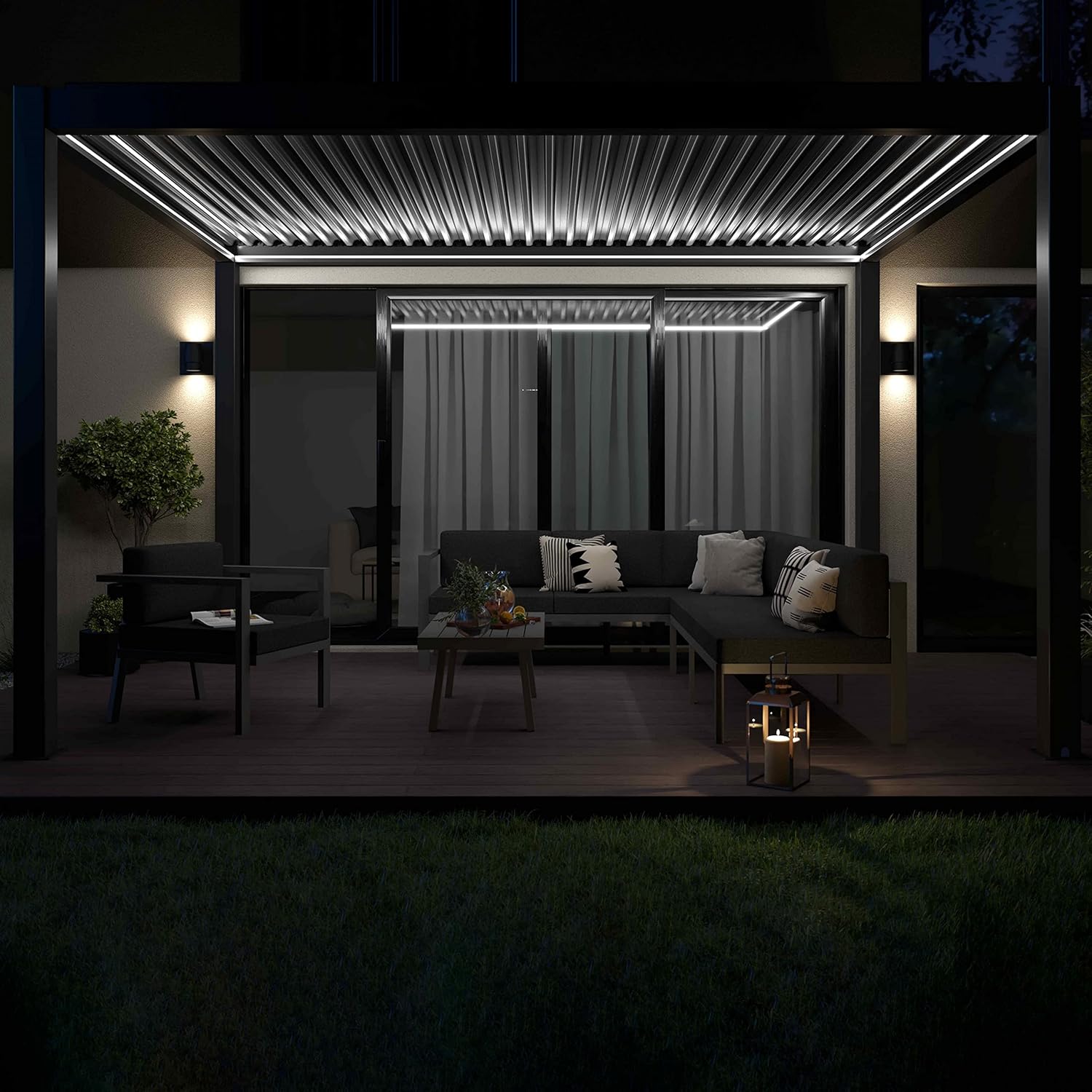 Oviala - pergola bioclimatique motorisée éclairée autoportée 3x4m store