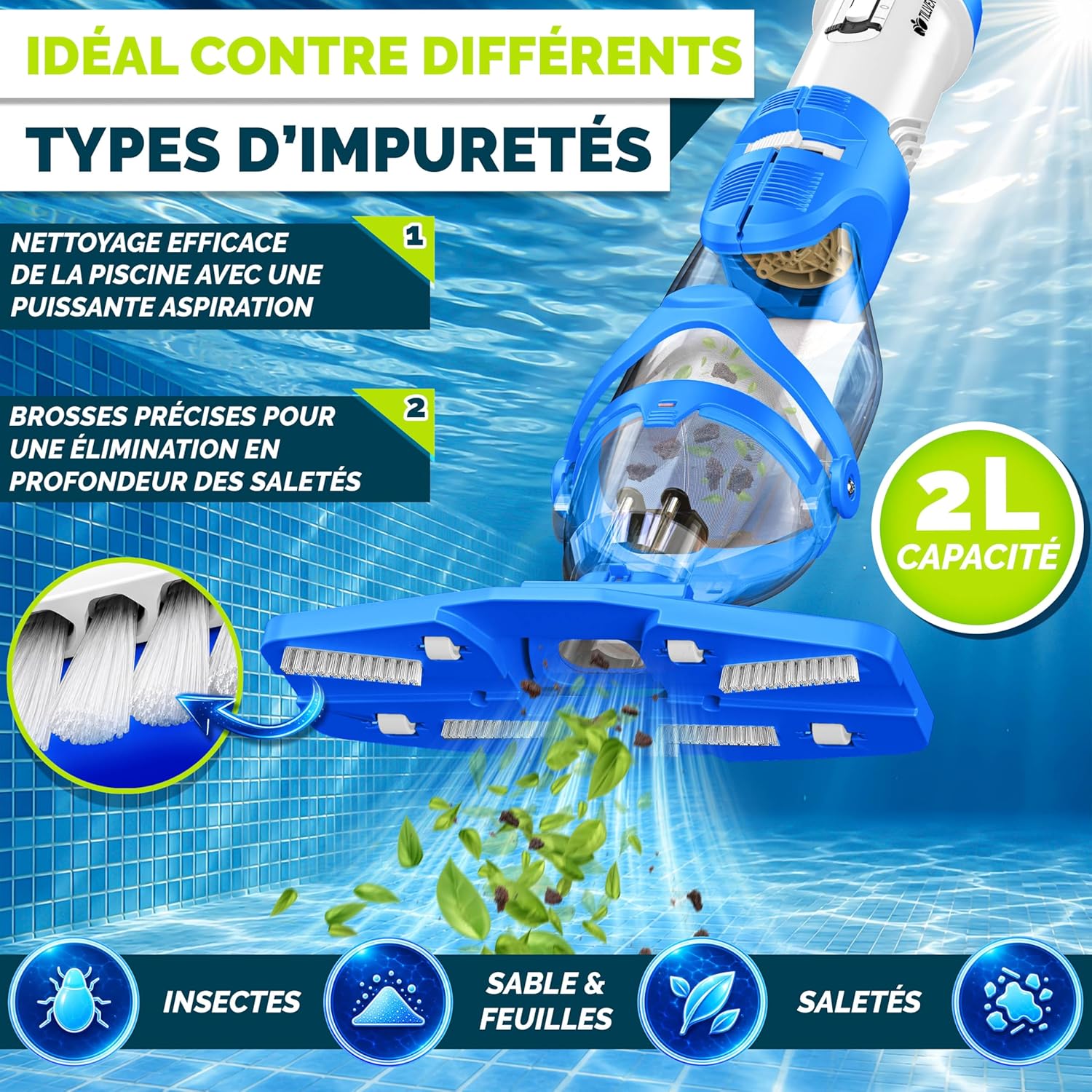 tillvex - Aspirateur piscine électrique - manche télescopique - filtre intégré - autonomie 60 min