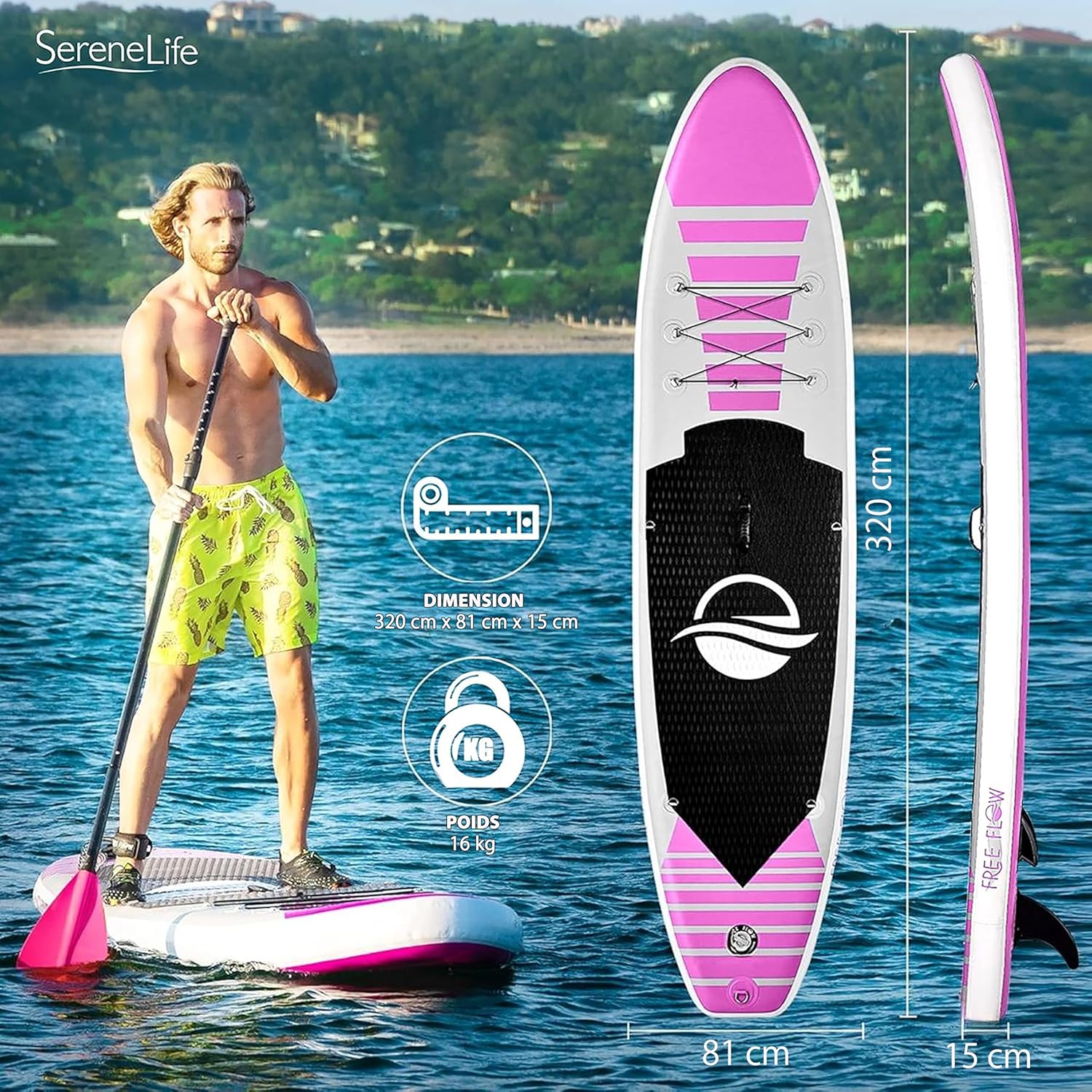 SereneLife Stand Up Paddle Gonflable Adulte 6” – Planche de Paddle avec Accessoires Sup, Sac de Transport, Pont Antidérapant, pour Mer, Lac, Rivière