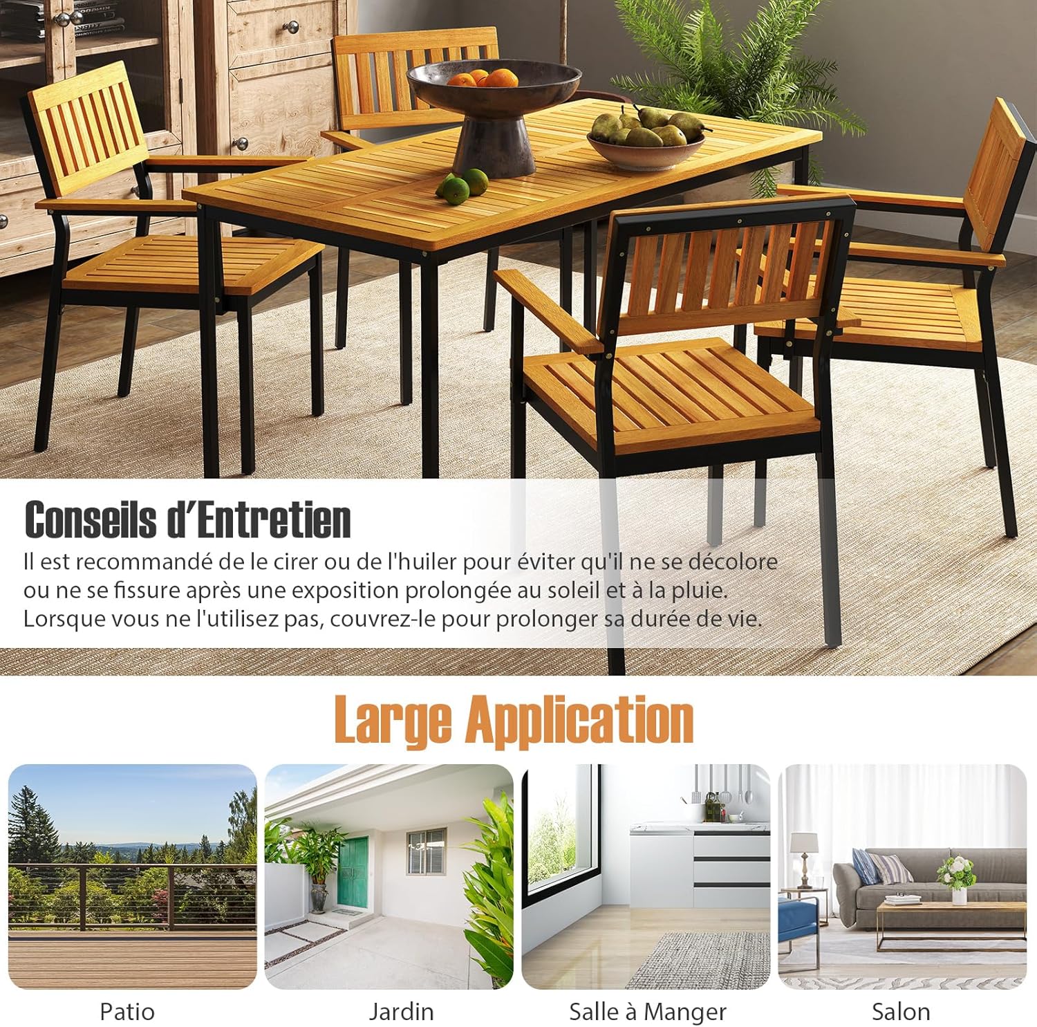 GOPLUS - Table jardin 140x70x73 cm - bois acacia, 6 pers, parasol