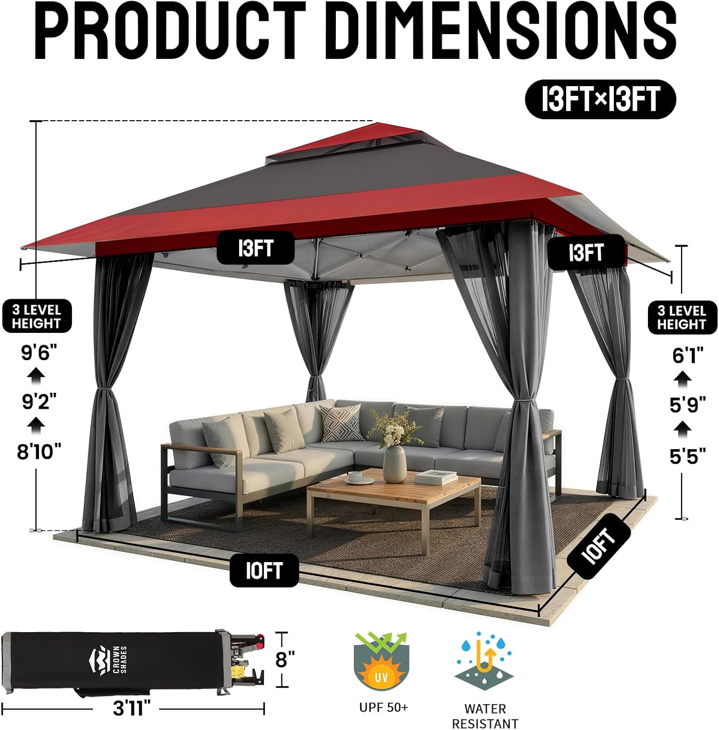 CROWN SHADES - tonnelle série pop up - 4x4m - imperméable, hauteur réglable, double toit, côtés zippés, sac transport