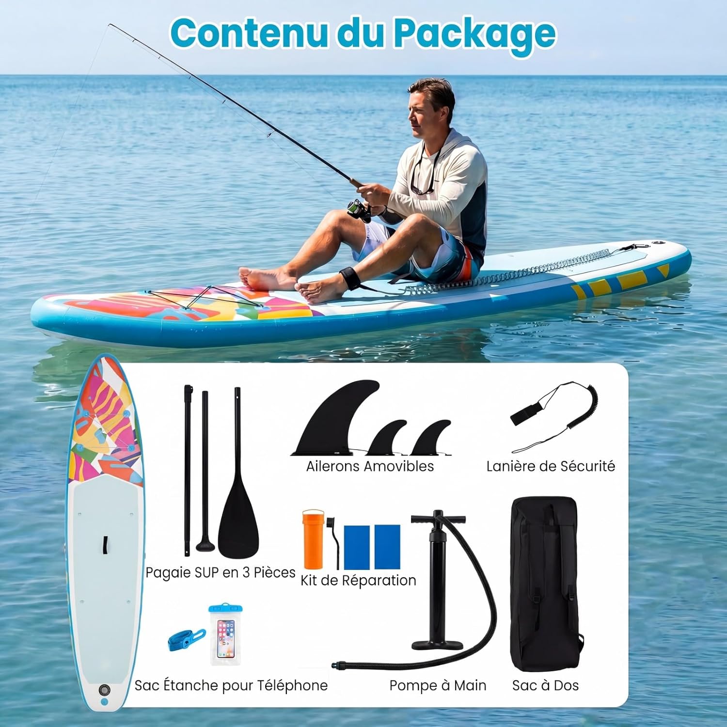 HOMASIS - Planche à Pagaie Gonflable - 336x77x16 cm - Pagaie réglable, pompe, 3 ailerons, accessoires, HOMASIS336x77x16