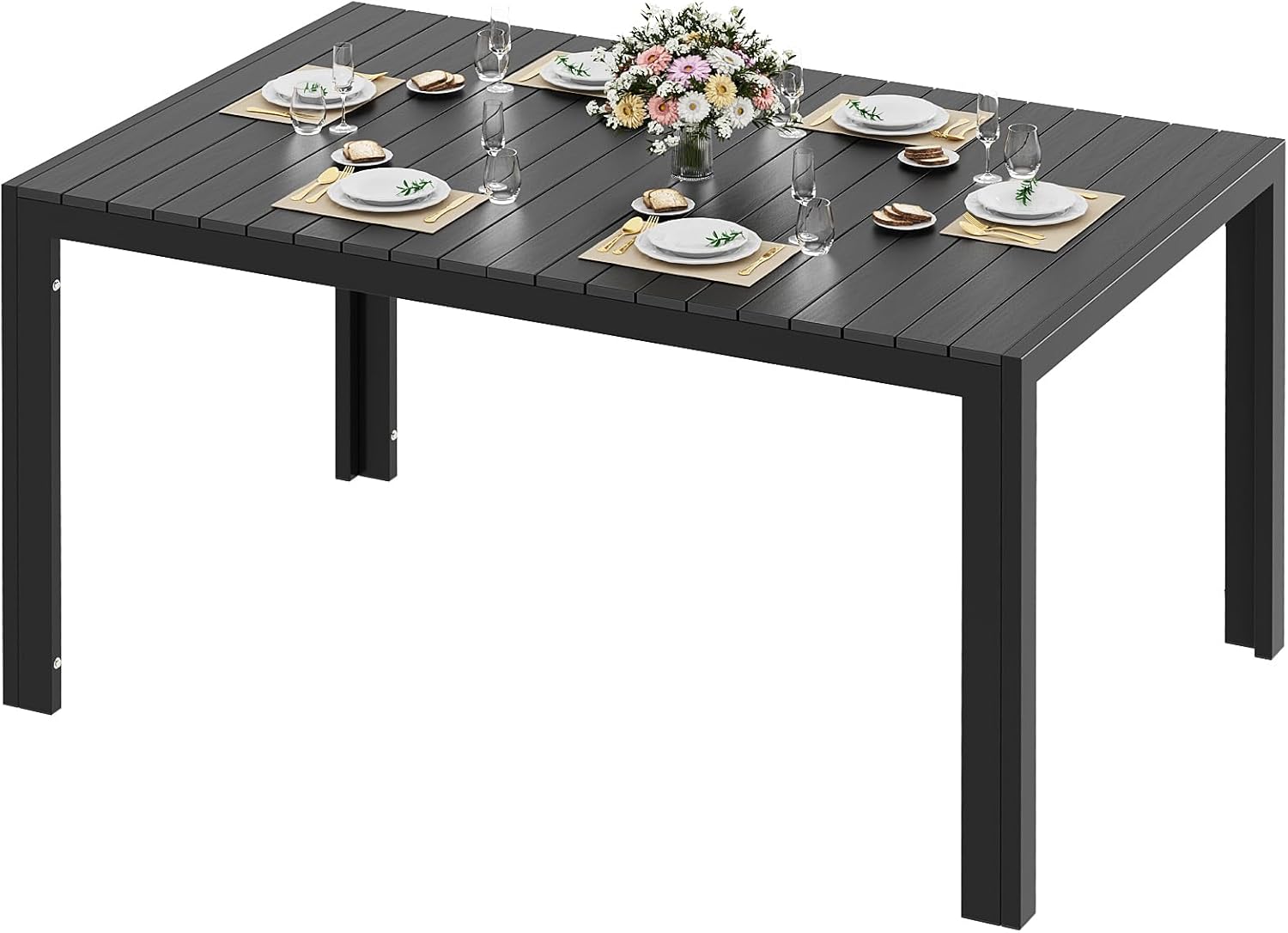 LIFERUN - Table jardin alu 140x90x75 cm WPC, 6 pers, noire