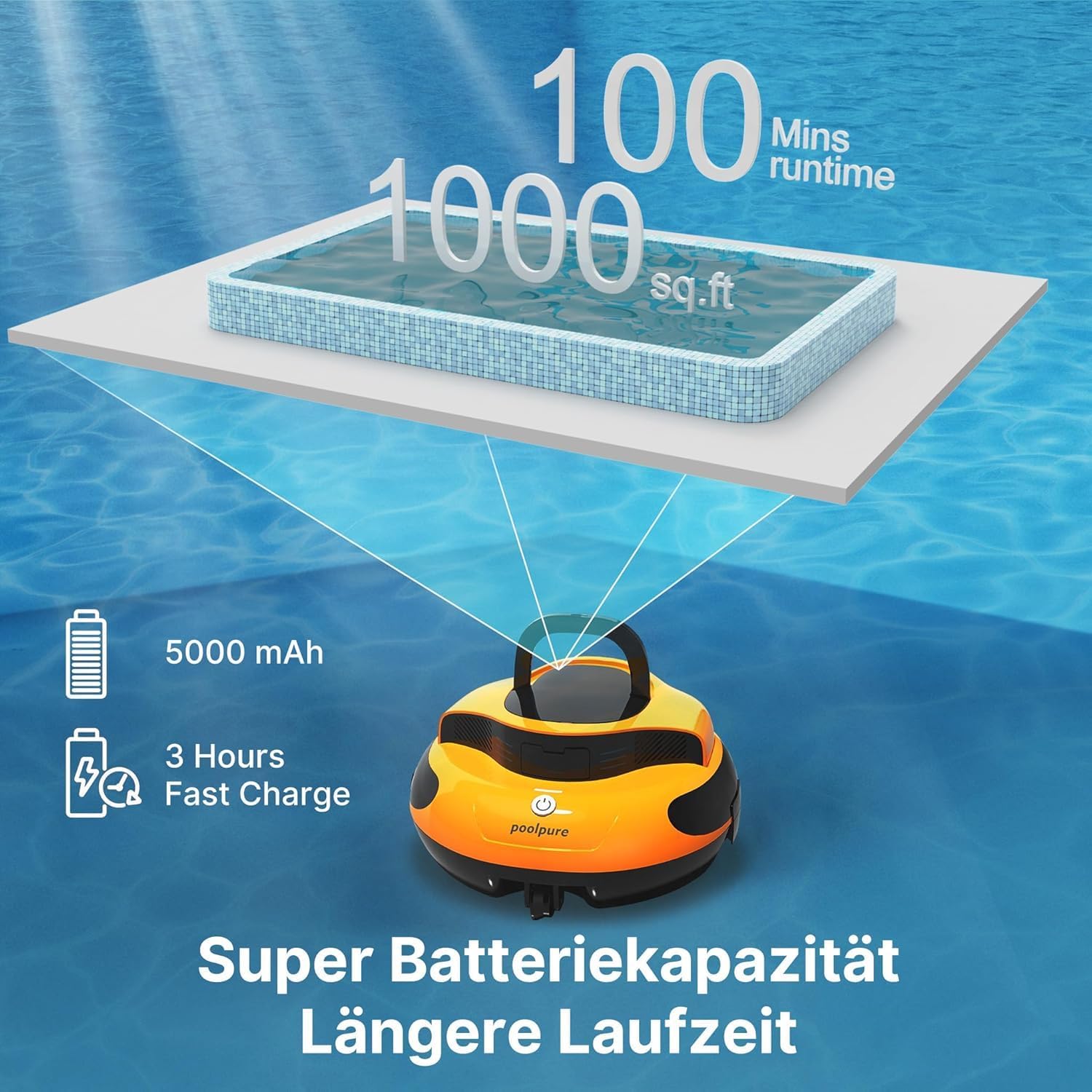 POOLPURE Robot de Piscine 2026 - Temps de Nettoyage de 100 Minutes - Double Moteur - Voyants LED - Fonction de stationnement Automatique - Étanchéité IPX8 - Aspirateur de Piscine sans Fil - Jaune