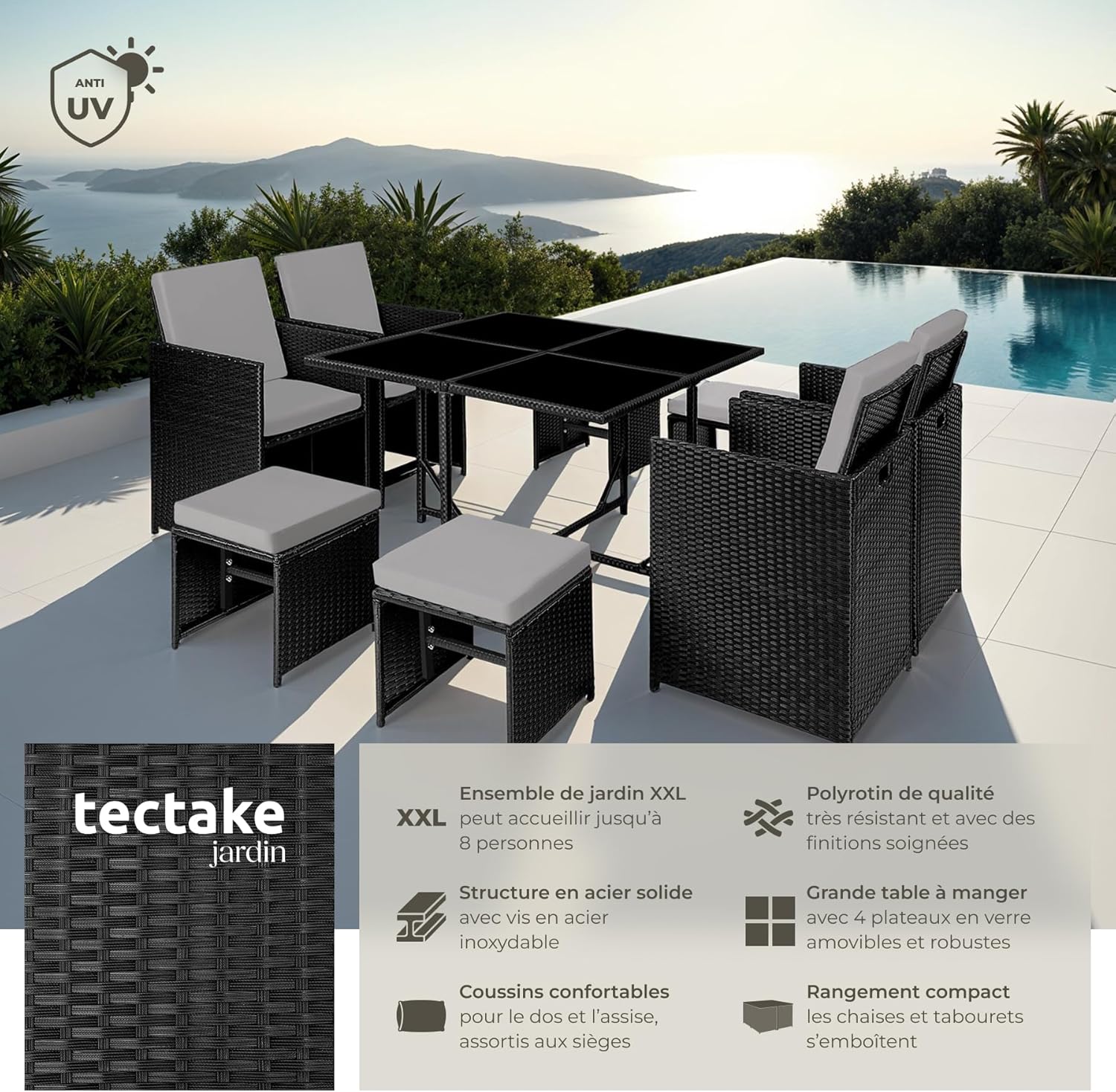 tectake - Salon de jardin Poly Rotin - table, 4 chaises, housse - dimensions compactes - NOIR/GRIS