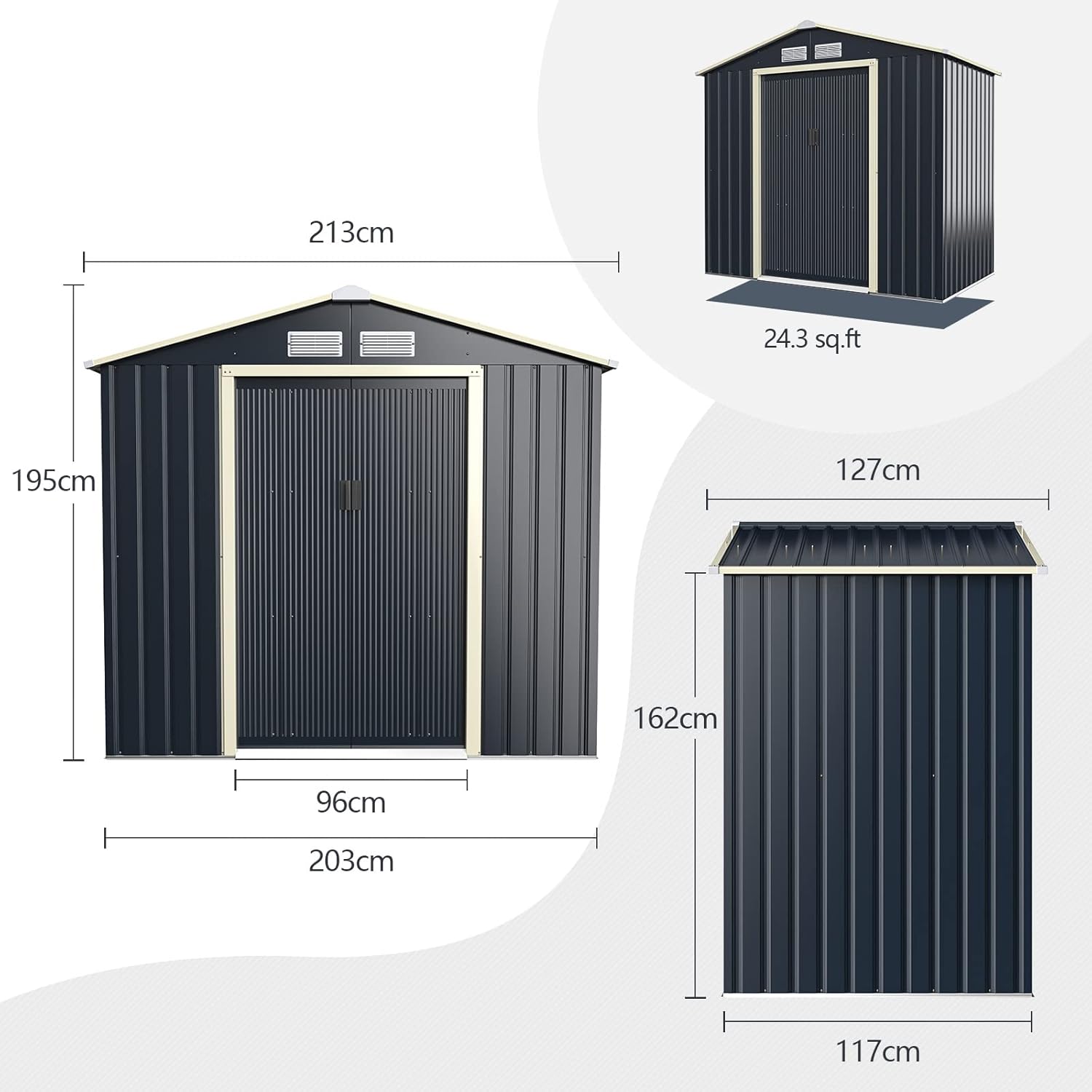 COSTWAY Abri de Jardin en Métal + 1 Kit d'Extension, avec 2 Portes Coulissantes Verrouillables, 4 Trous d’Aération, Toit Penché, Gris pour Vélo, Poubelle (213,5 x 191 x 194,5cm)
