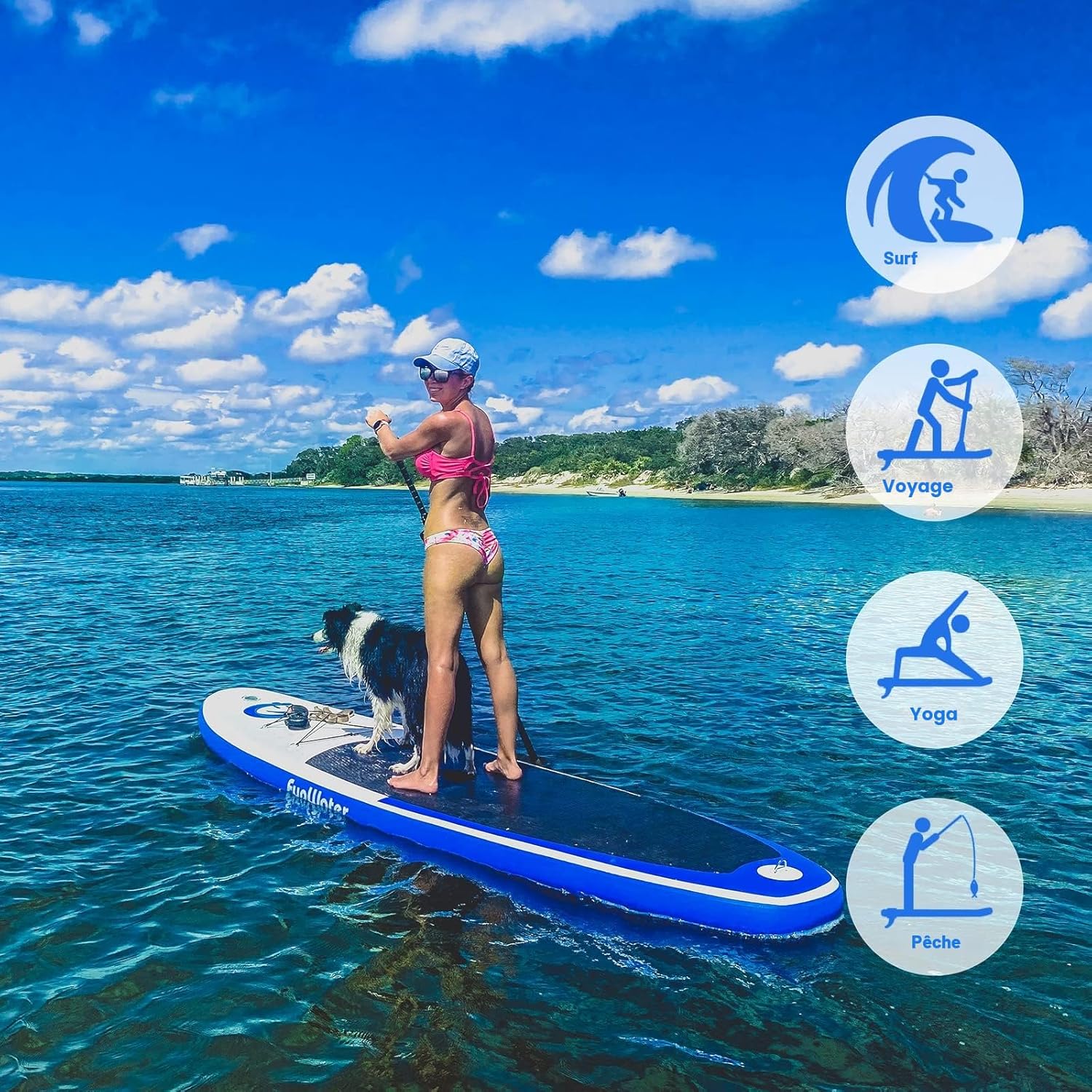 FunWater Planche Sup Gonflable Tous Niveaux Idéale Débutants et Famille Plateforme Anti Dérapante EVA Pack Complet avec Pagaie Réglable Pompe et Accessoires
