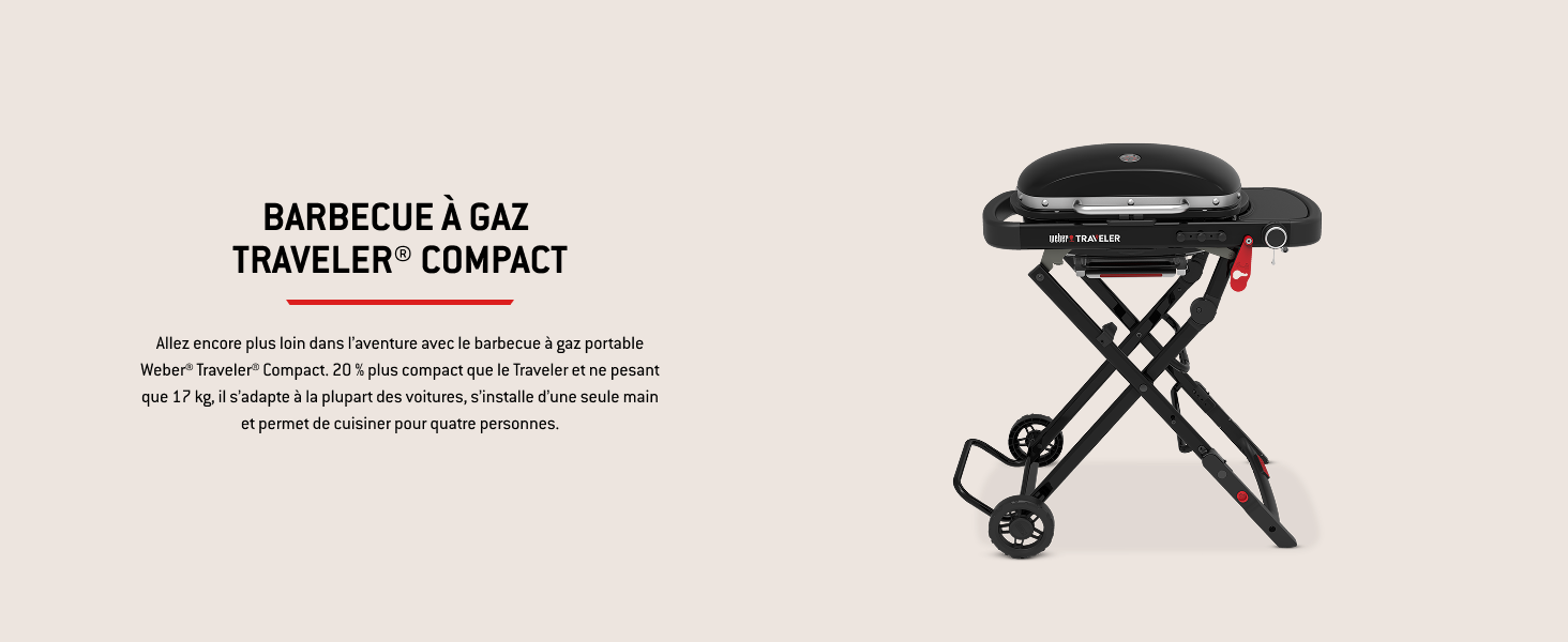 Le texte indique « TRAVELER COMPACT ». Images du produit montrant un gril ou un appareil de cuisson portatif sous plusieurs angles avec roulettes et capacités de pliage.