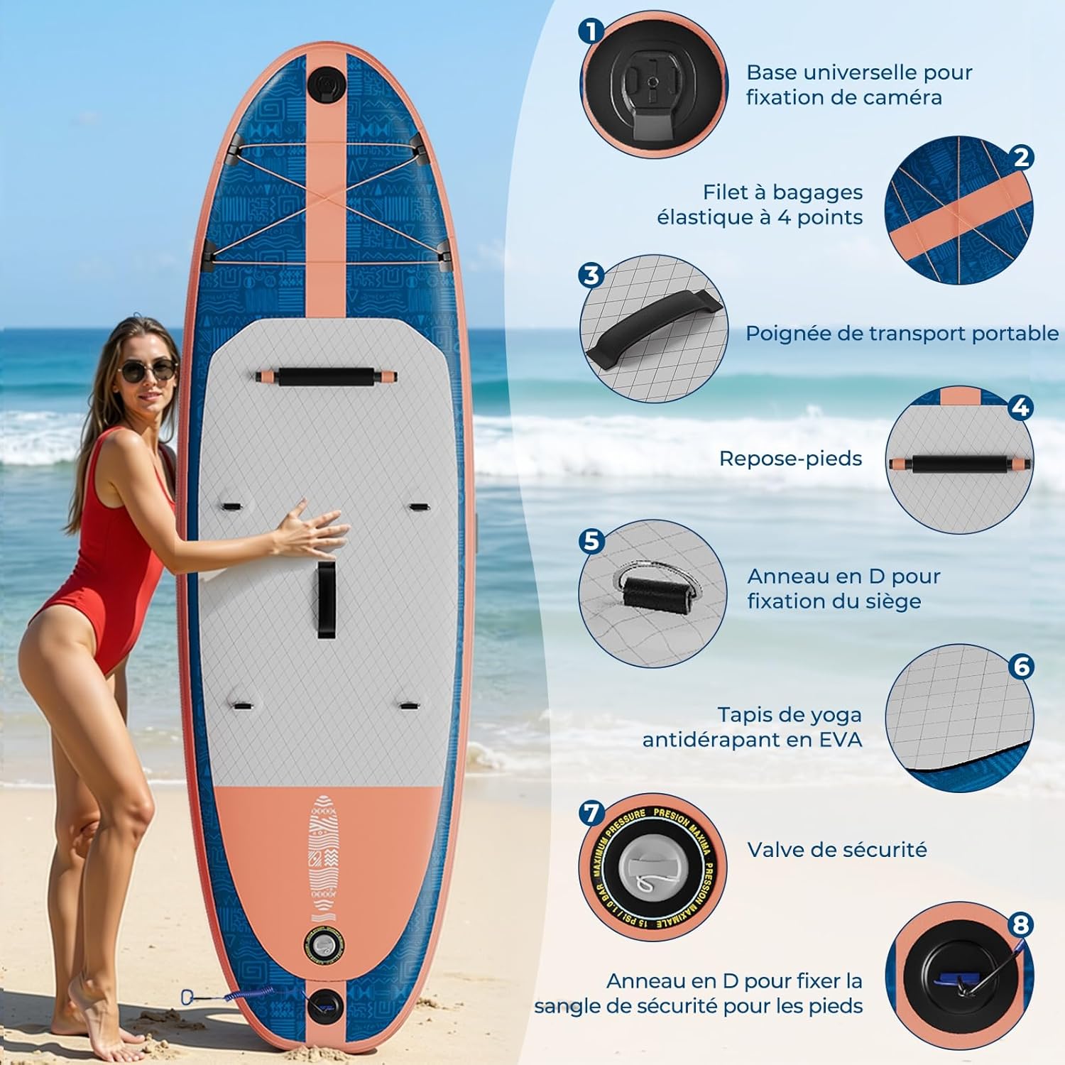 Devoko - Planche Paddle 2-en-1 - 320cm - Siège, 130kg, Yoga, Pêche