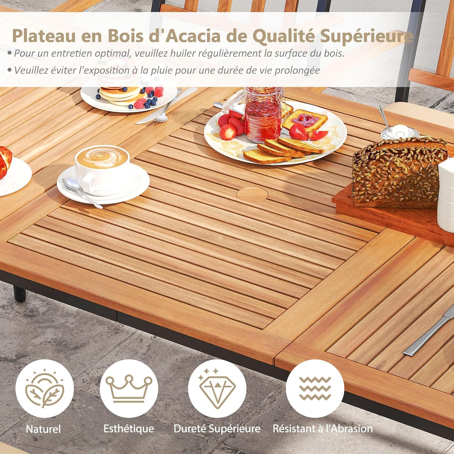 COSTWAY - Table de jardin en bois acacia 200cm, pieds métal, trou parasol