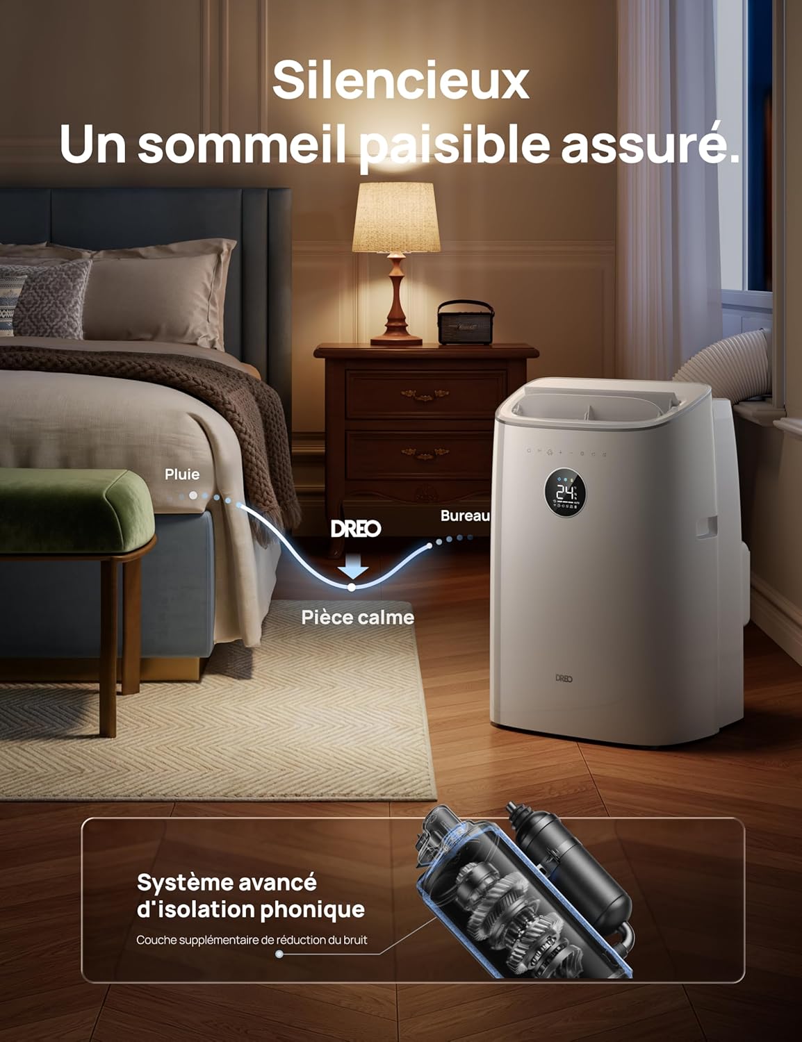 DREO - climatiseur mobile série AC318S - 7500 BTU, 3-en-1, silencieux, 2,5L/h, contrôle app/voix, kit fenêtre, AC318S