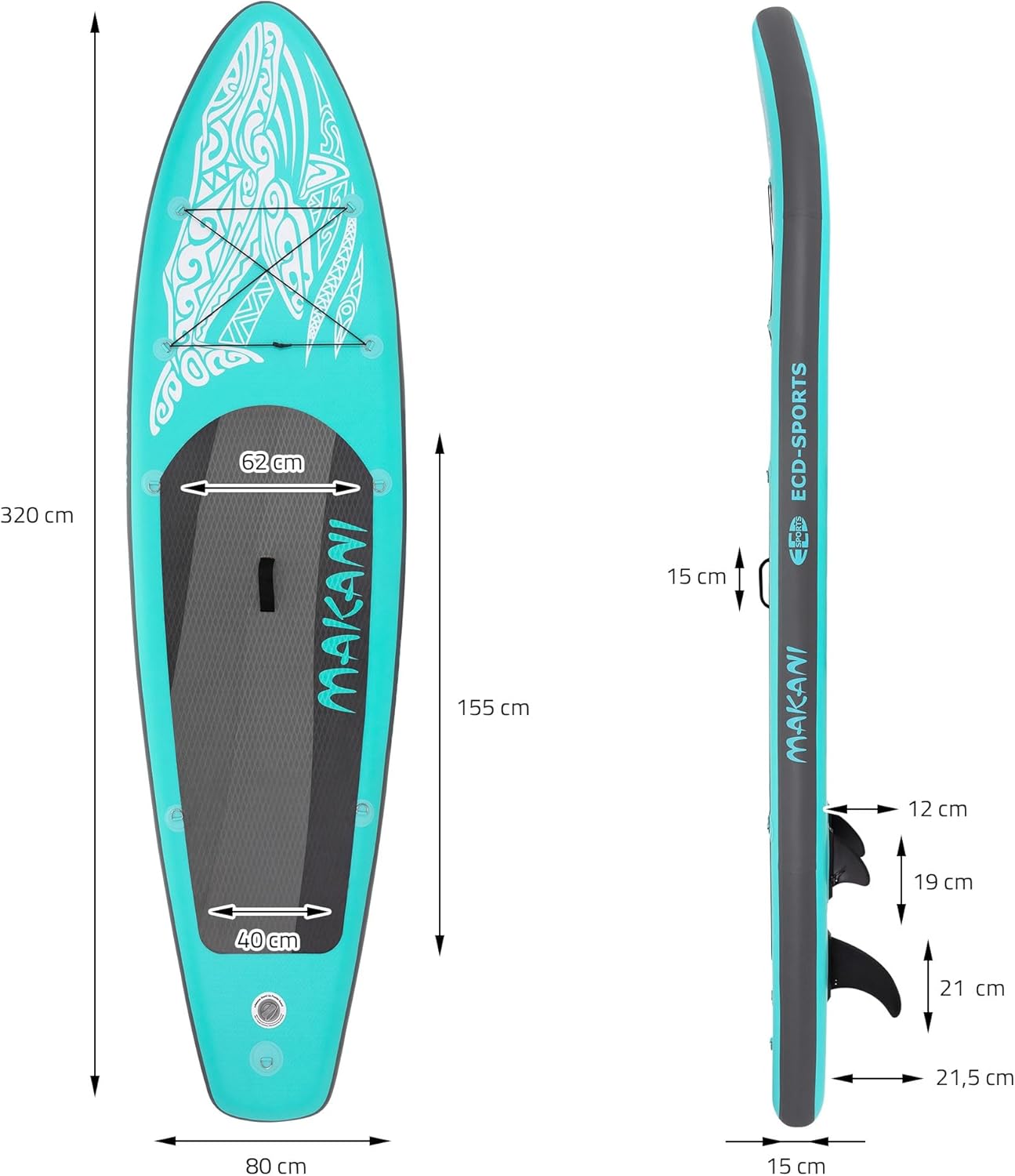 ECD Germany - Stand Up Paddle Board - 305/308/320/380 cm - PVC, jusqu’à 150 kg, 10/15 cm, sac, pompe