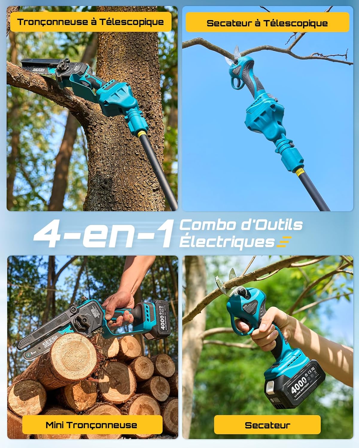 SEESII P6 Combo 6 Pouces Mini Tronconneuse avec Perche & 33 mm Secateur Electrique, 4-en-1 Ensemble d’Outils de Jardin avec 2 * 4000 mAh Batteries, Portée Maximale Jusqu’à 4,57 m