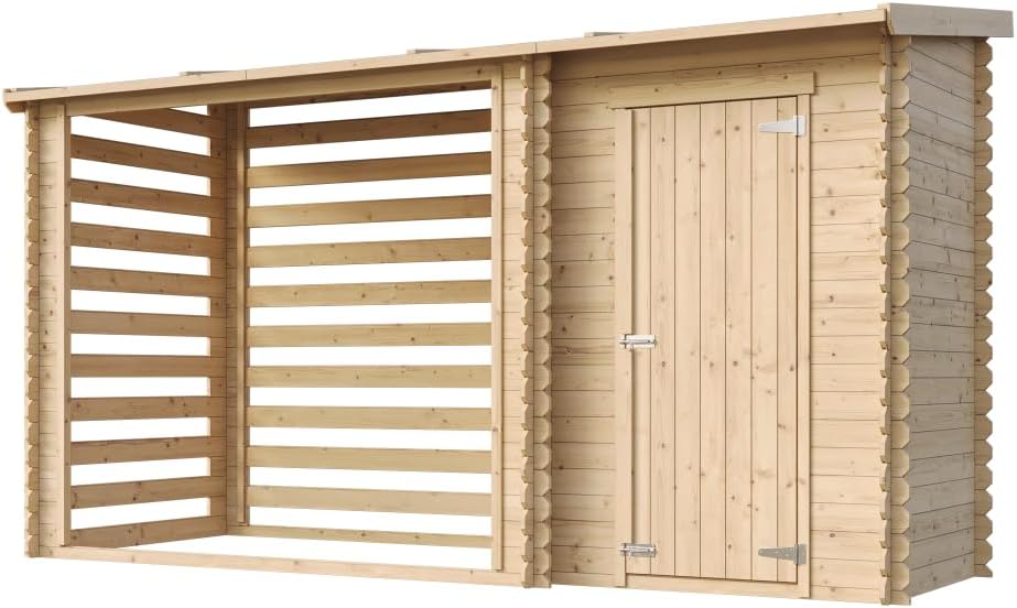 TIMBELA M205 Abri de Jardin+ Chalet pour vélos/Bucher/Abri conteneur - Cabane de Jardin avec Toit Plat - 344 x 130 cm - 2,54 m2+1,1 m2