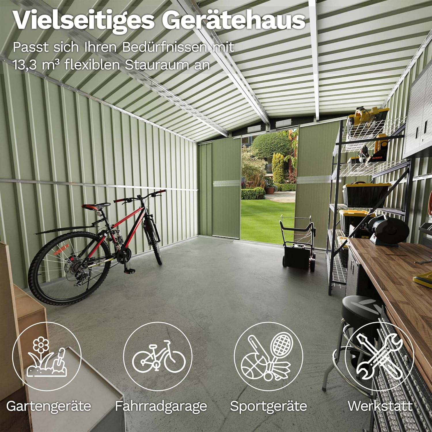 Devoko Abri de jardin en métal 13,2 m³ avec fondation en acier, 247x301x178 cm Grand abri de jardin avec structure de toit stable, extérieur, résistant aux intempéries pour tondeuses et vélos