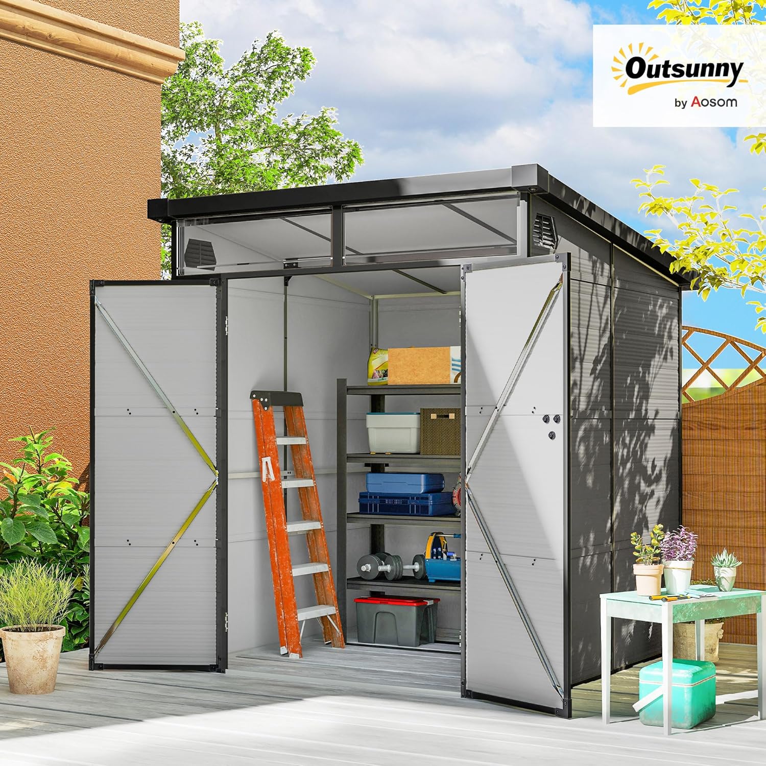Outsunny - Abri de jardin polypropylène - 190x191x215 cm - double porte fenêtre aérez, gris clair
