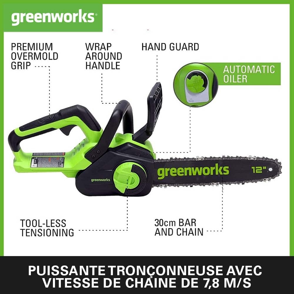 Greenworks - tronçonneuse sans fil 30cm, moteur brushless, 24V, GD24CS30K4