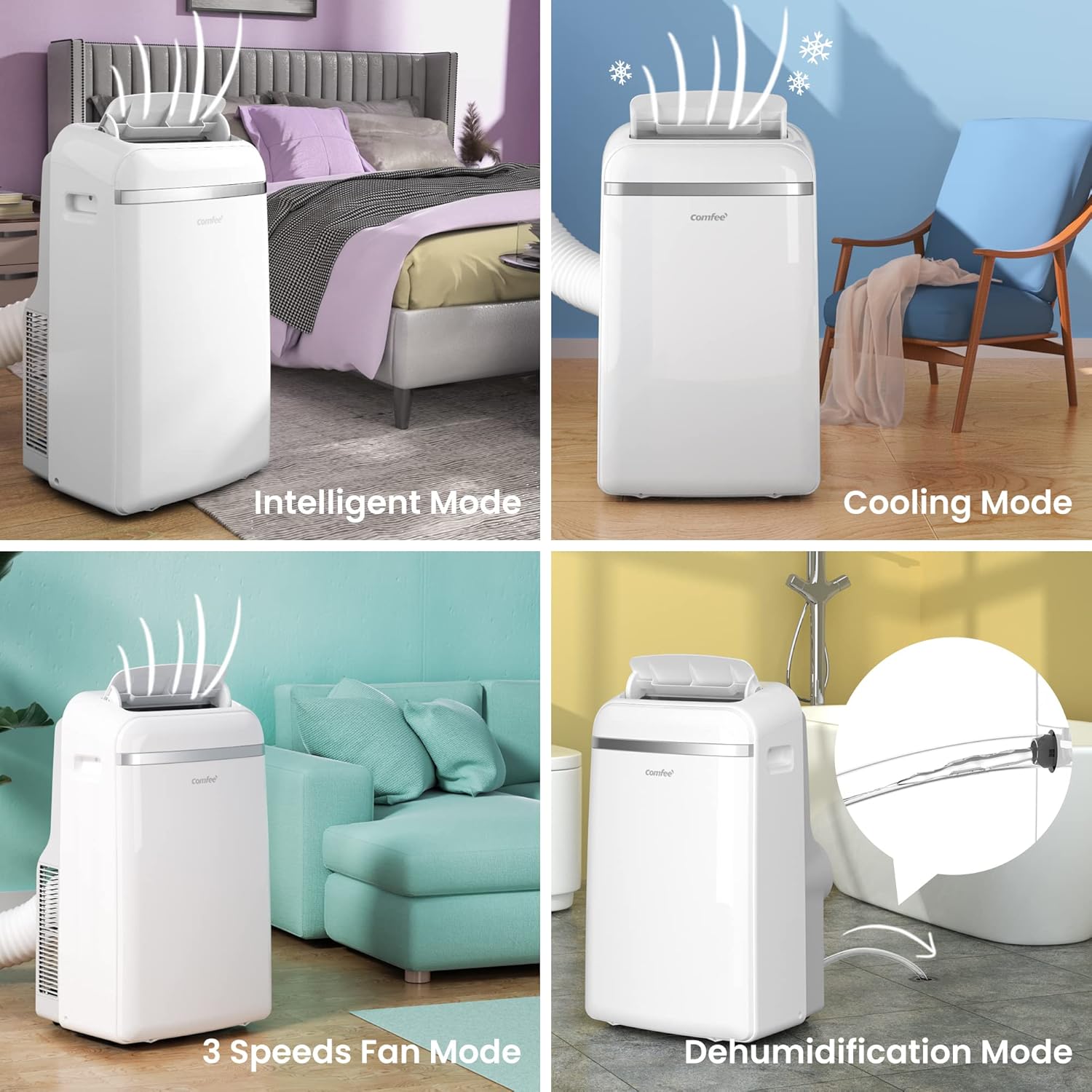 COMFEE' - Climatiseur mobile, 10 000 BTU, 3 modes, économie d'énergie, pour 33㎡, kit d’évacuation, 2,9kW