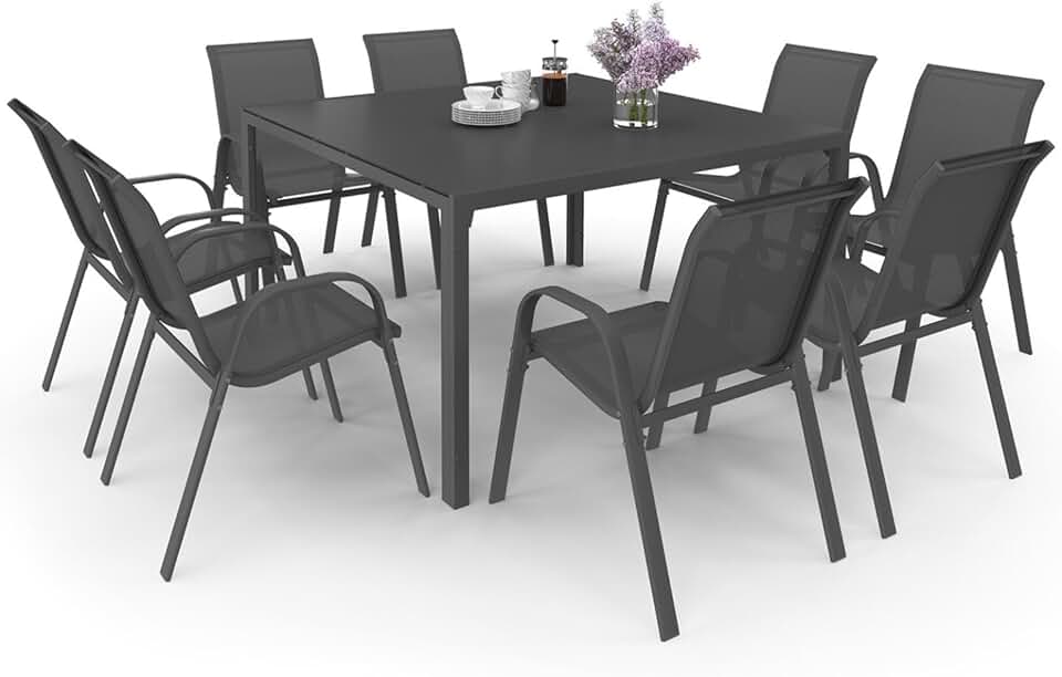 IDMarket - Madrid salon de jardin carré 130 cm, 8 chaises empilables, gris anthracite