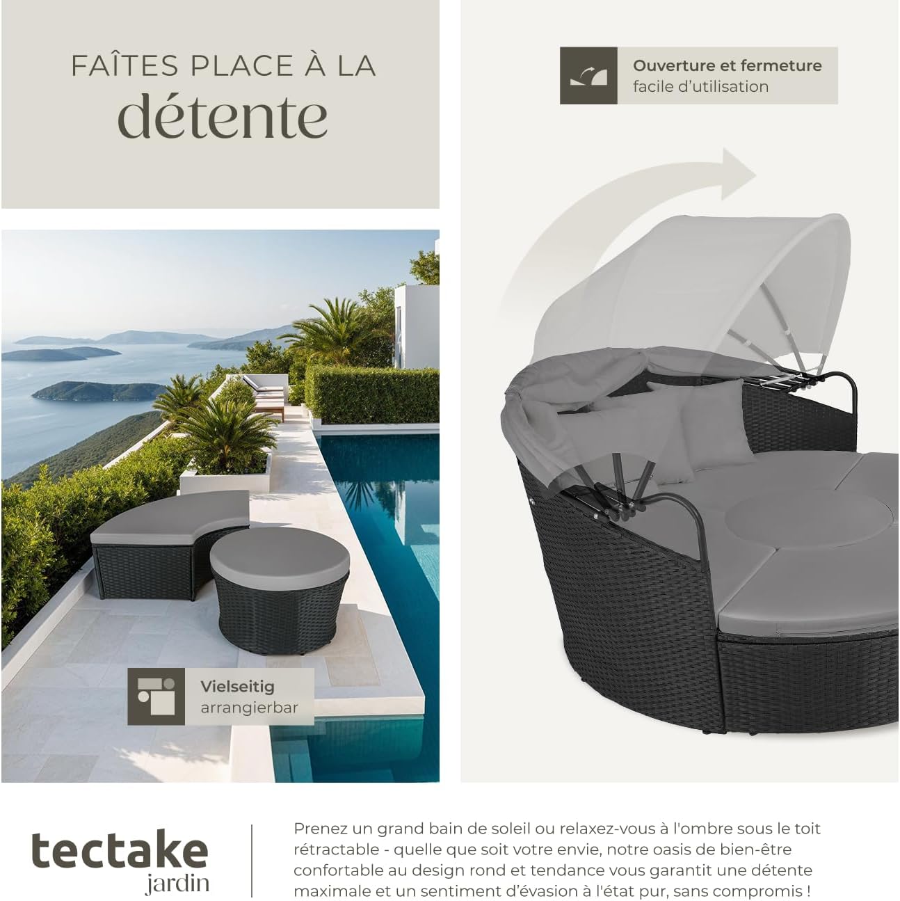 tectake - Bain de soleil modulable résine tressée, coussins, pare-soleil, dimensions relax pour jardin terrasse